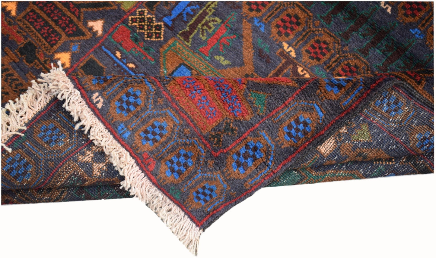 Handmade Afghan Pashm wool rug featuring a dark blue field with geometric and military motifs.