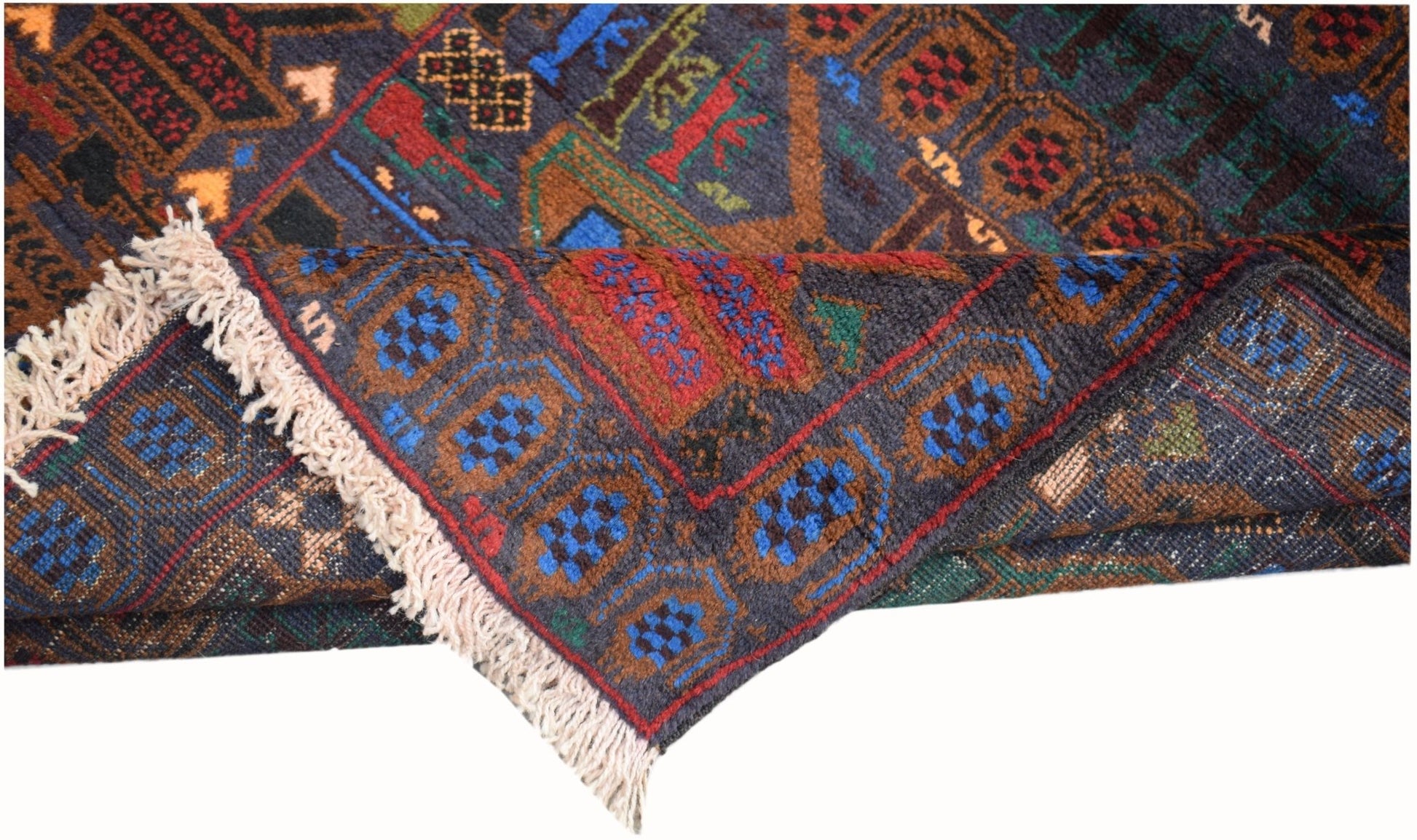 Handmade Afghan Pashm wool rug featuring a dark blue field with geometric and military motifs.