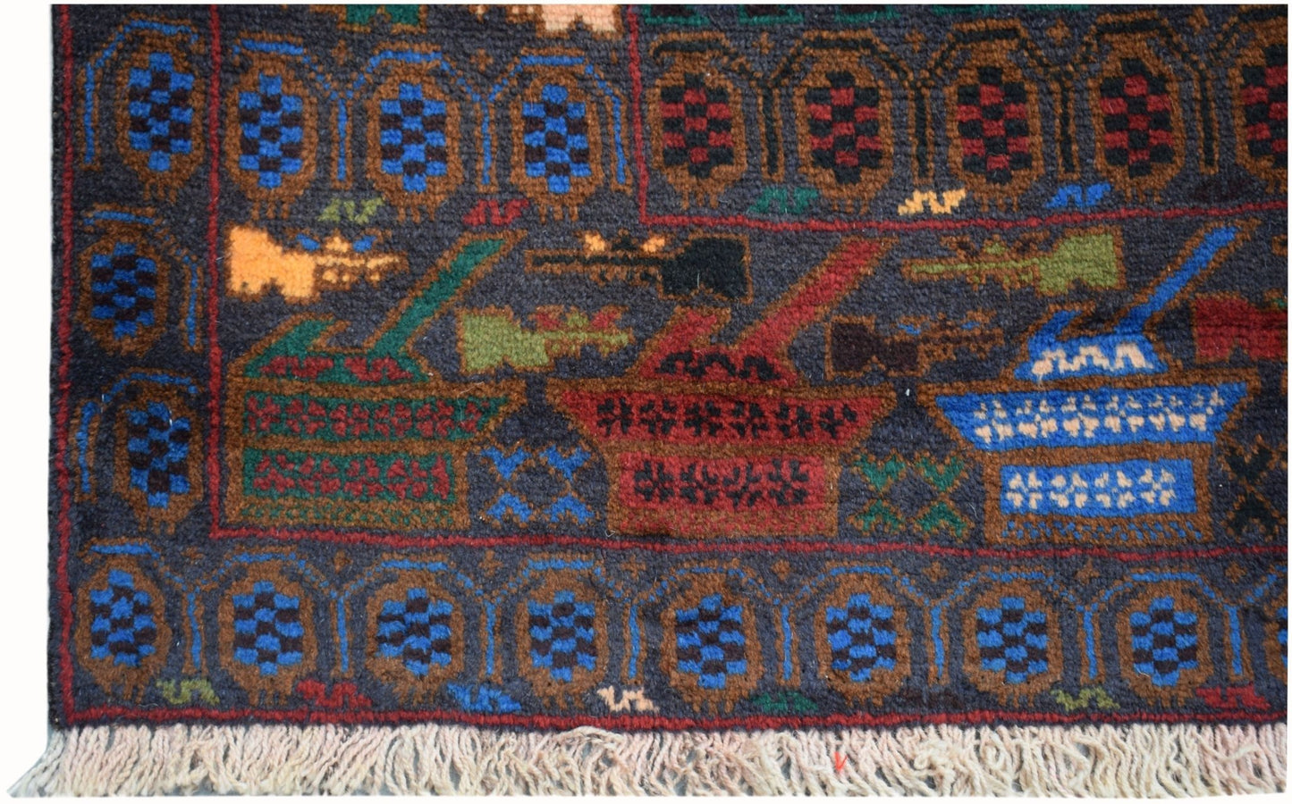 Handmade Afghan wool rug featuring a dark field with geometric motifs and tank designs.