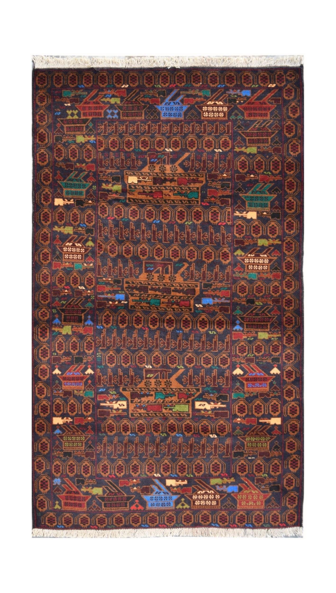 Handmade Afghan Pashm wool rug featuring intricate geometric patterns and war-themed motifs.