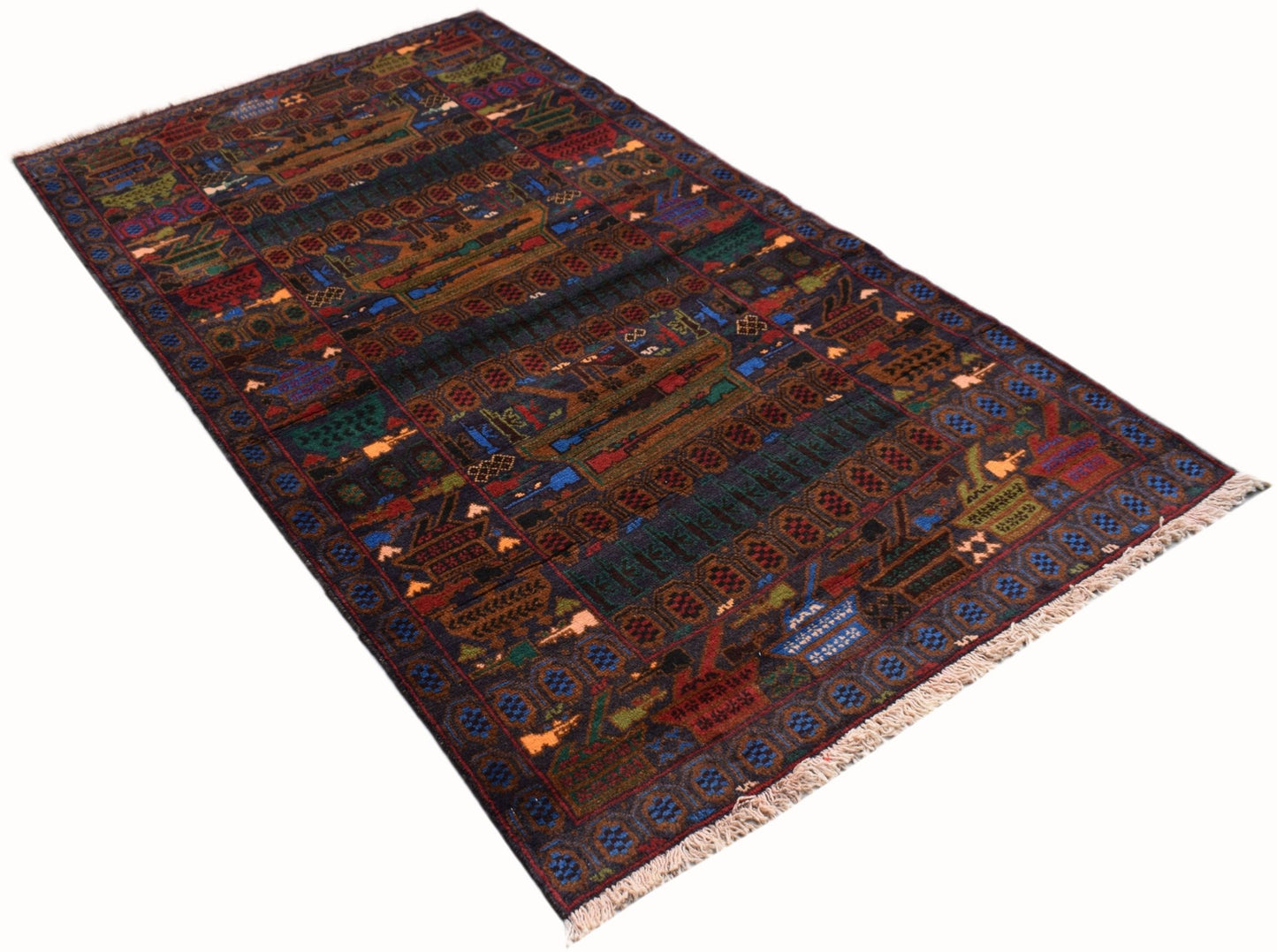 Handmade Afghan Pashm rug featuring a dark, intricate war-themed pattern with fringe ends.