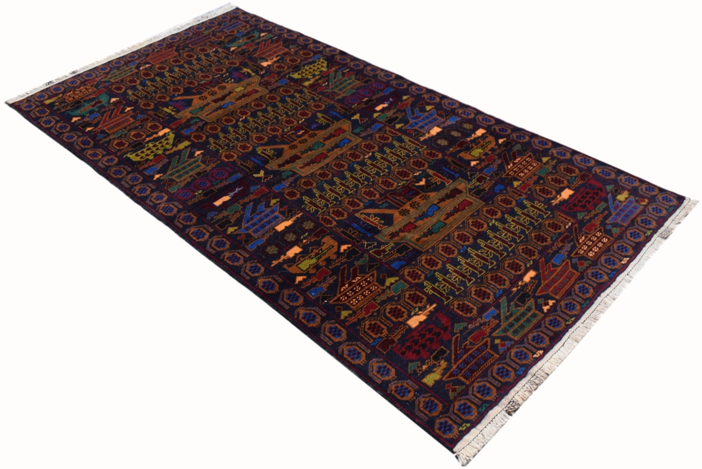 Handmade Afghan wool rug featuring a dark blue field with intricate geometric and war-themed motifs.