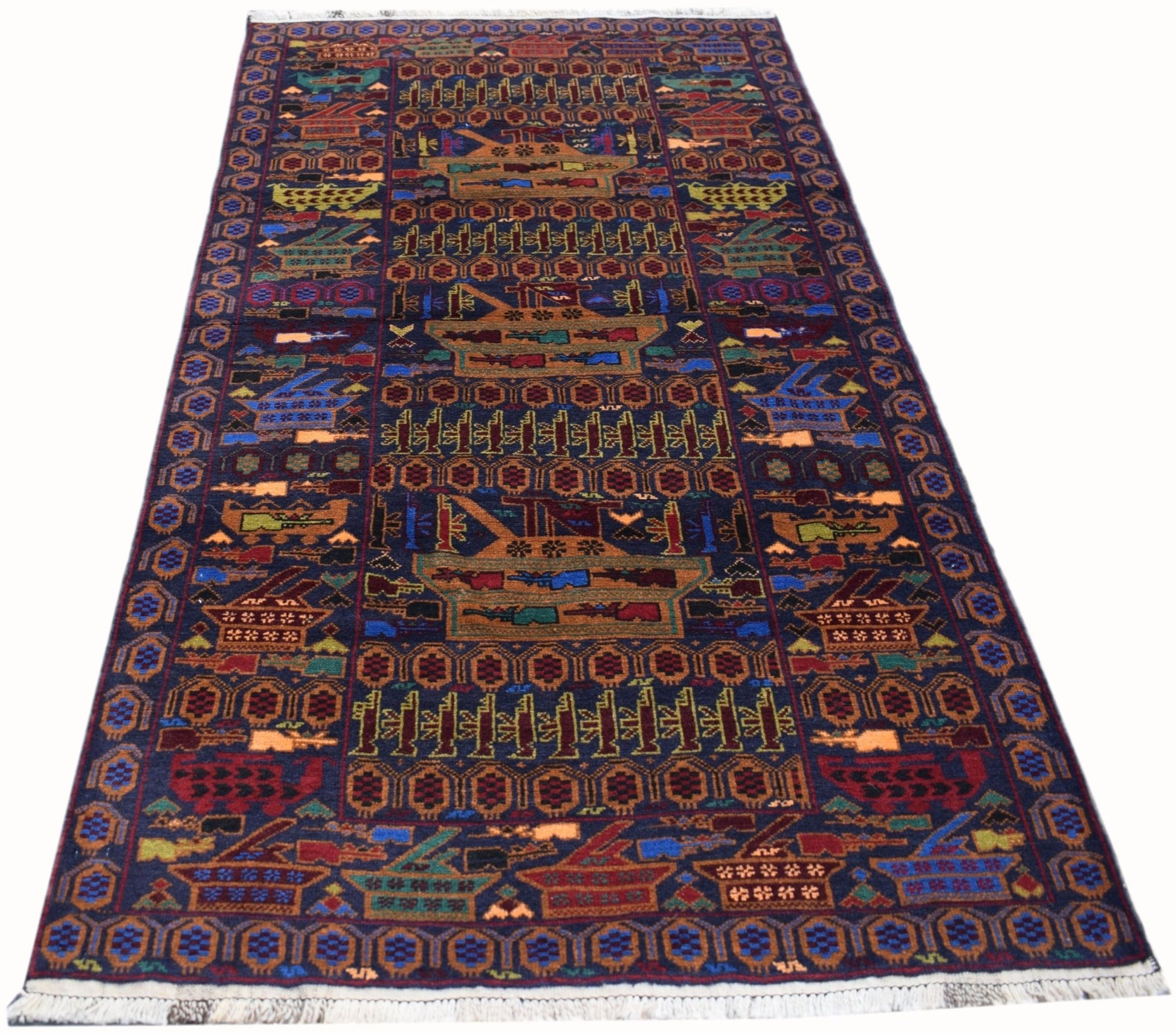 Handmade Afghan wool rug featuring a dark blue field with repeating war-themed motifs.
