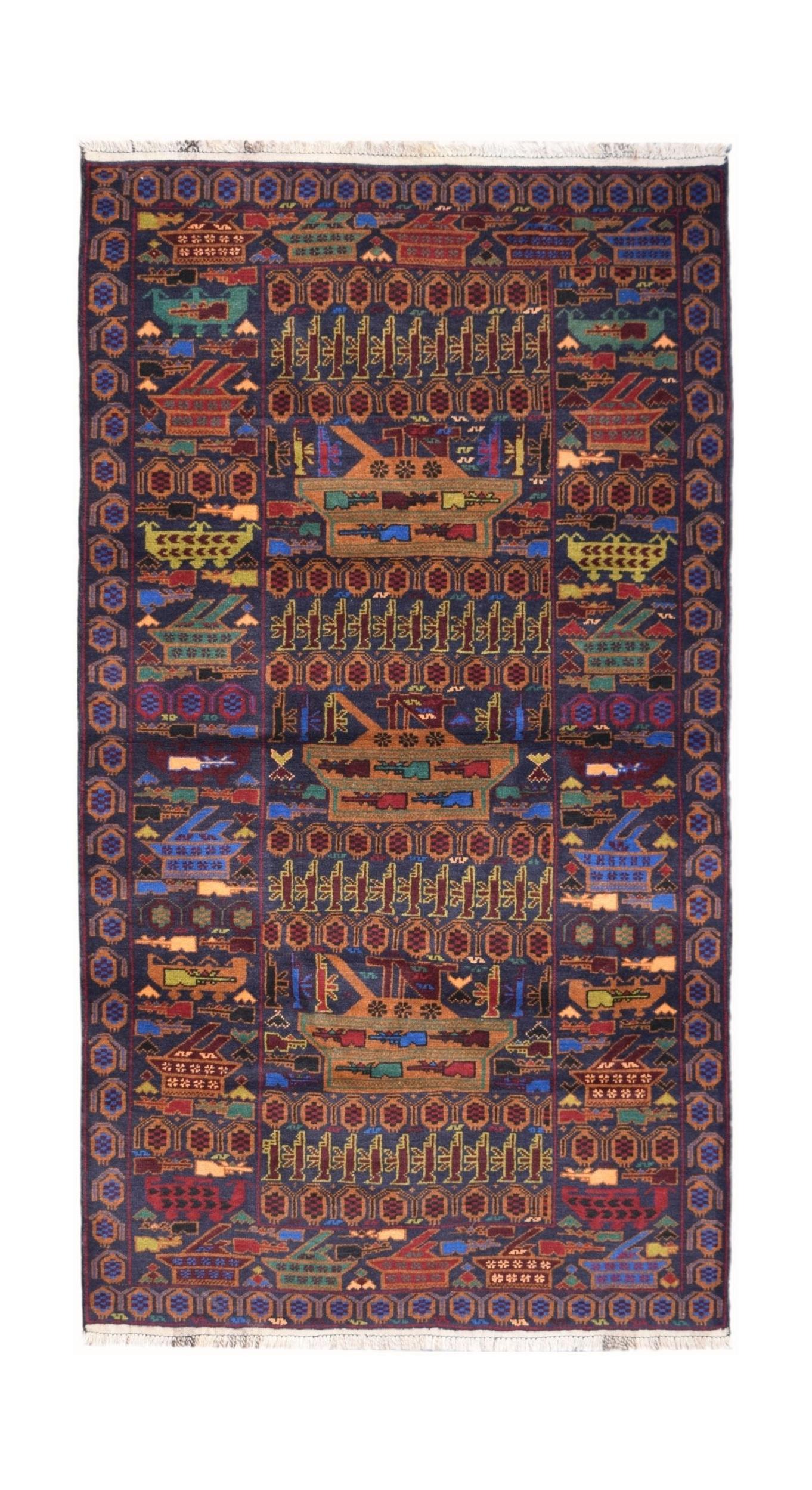 Handmade Afghan wool rug featuring a dark blue field with intricate war-themed motifs.