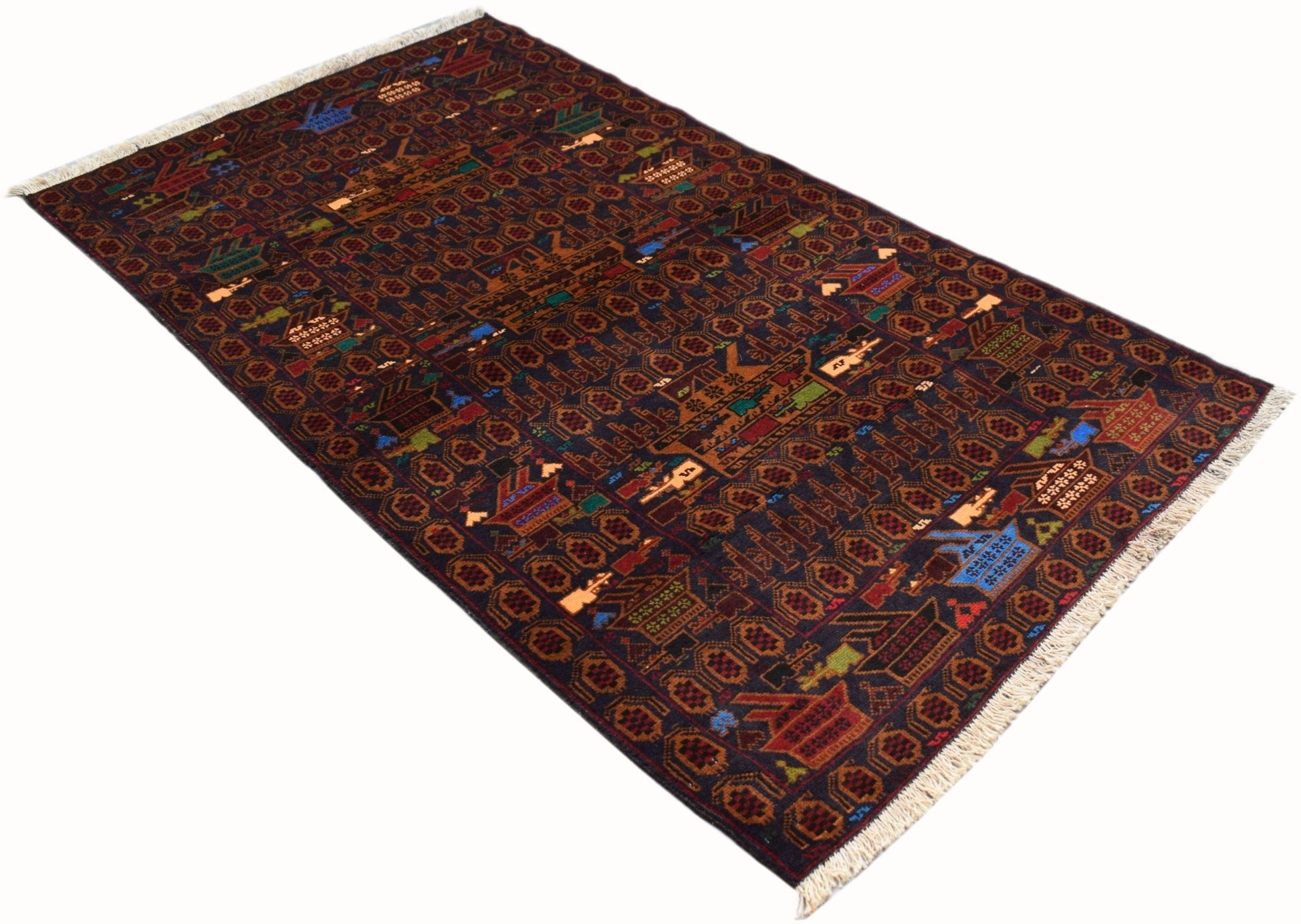Handmade Afghan wool rug featuring a dark field with intricate war-themed motifs and fringe ends.