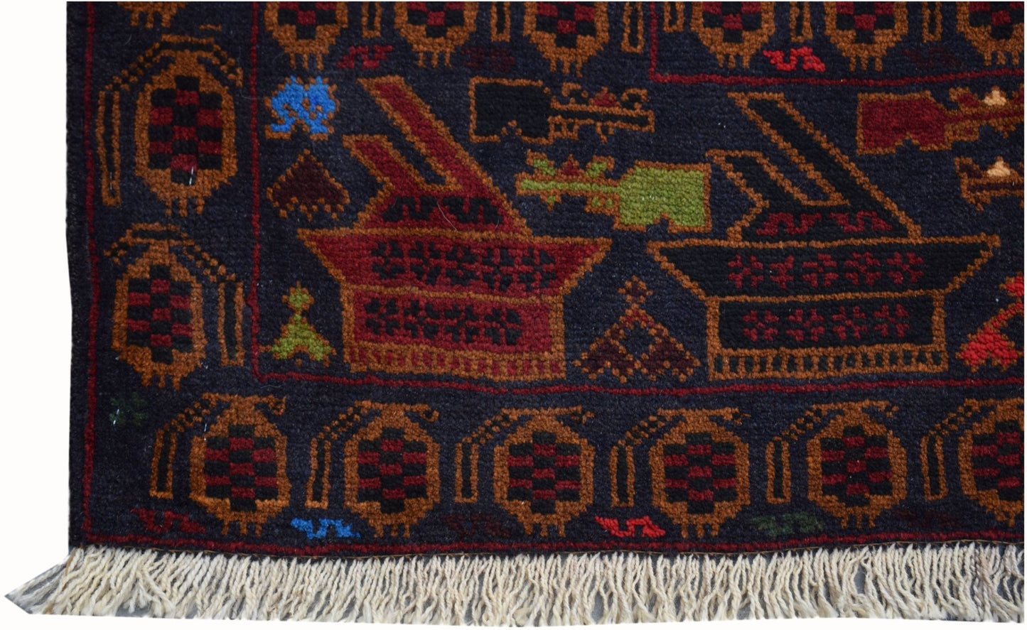 Handmade Afghan wool rug featuring traditional geometric patterns and war-themed motifs.
