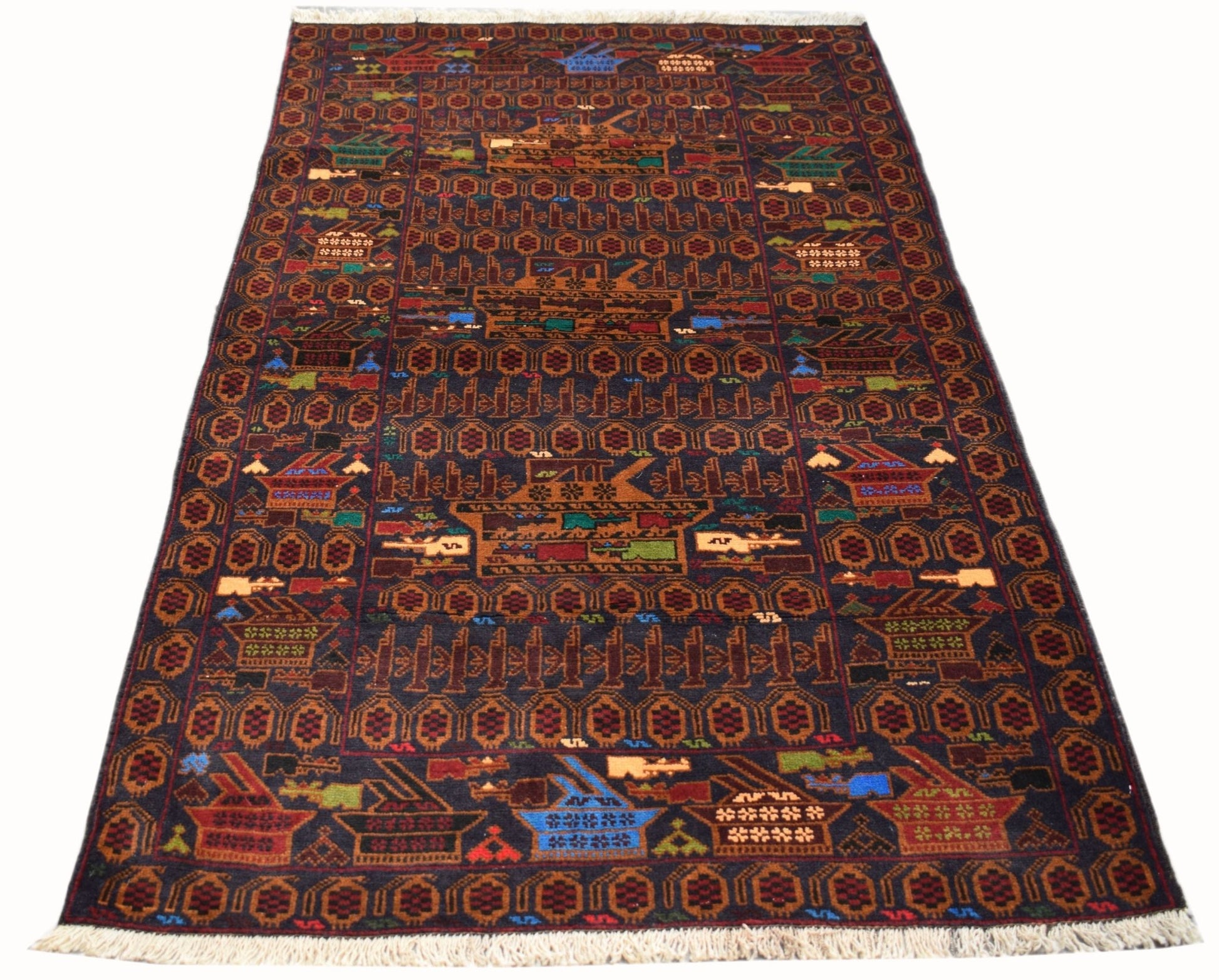 Handmade Afghan wool rug featuring a dark field with intricate geometric and military motifs.