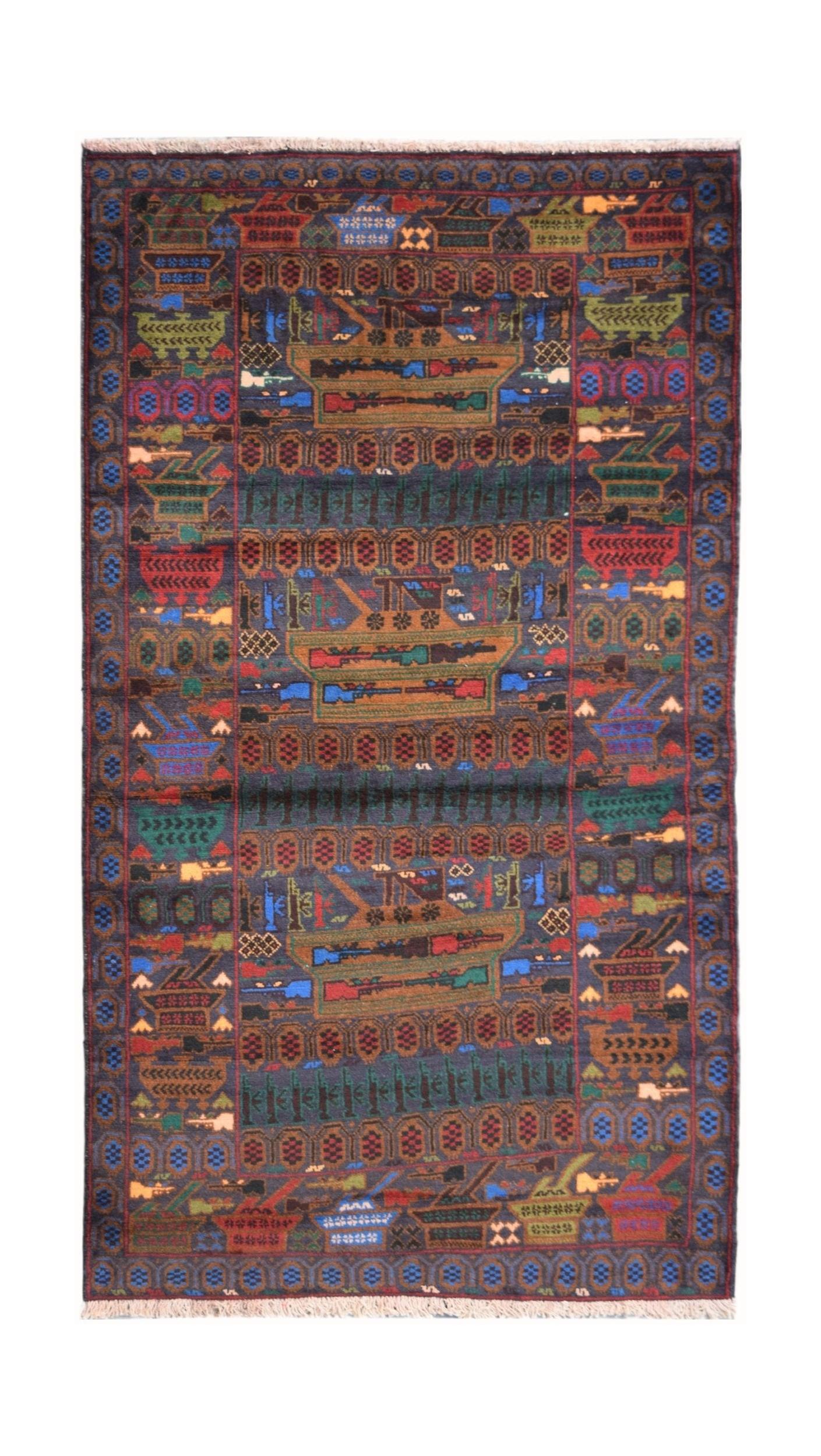 Handmade Afghan wool rug featuring a dark field with intricate military and war-themed motifs.