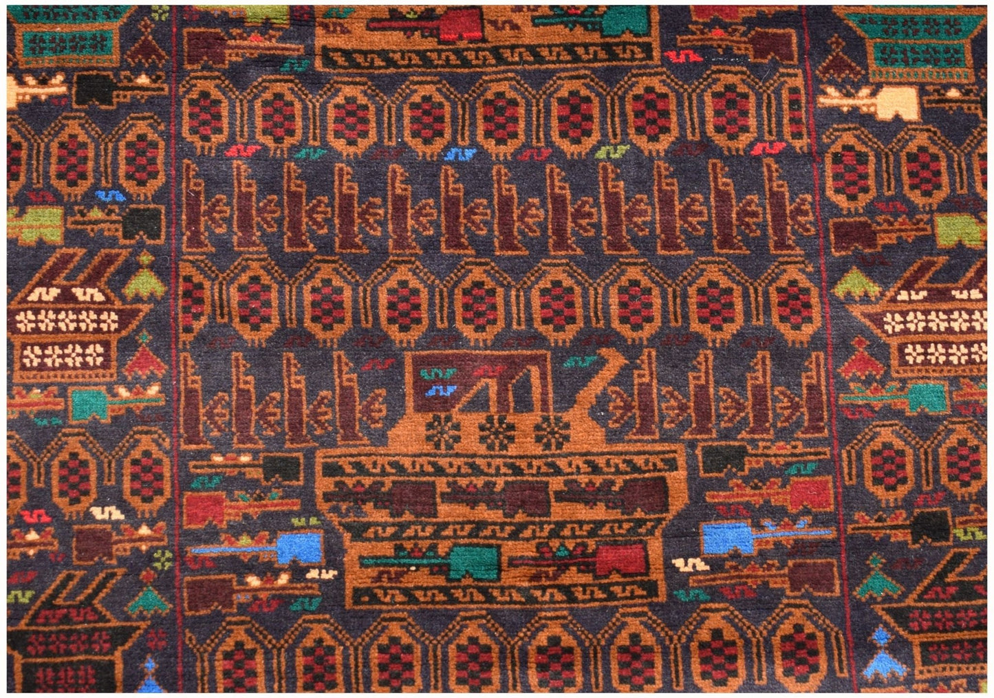 Handmade Afghan wool rug featuring geometric patterns and stylized military motifs in dark tones.