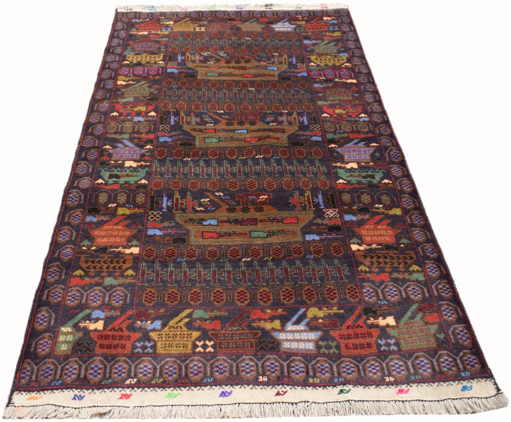 Handmade Afghan wool rug featuring a dark field with repeating tank and military motifs.