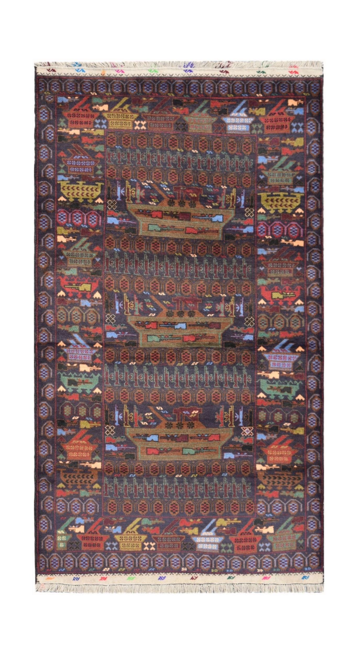 Handmade Afghan wool rug featuring a dark field with intricate war-themed motifs and fringe ends.
