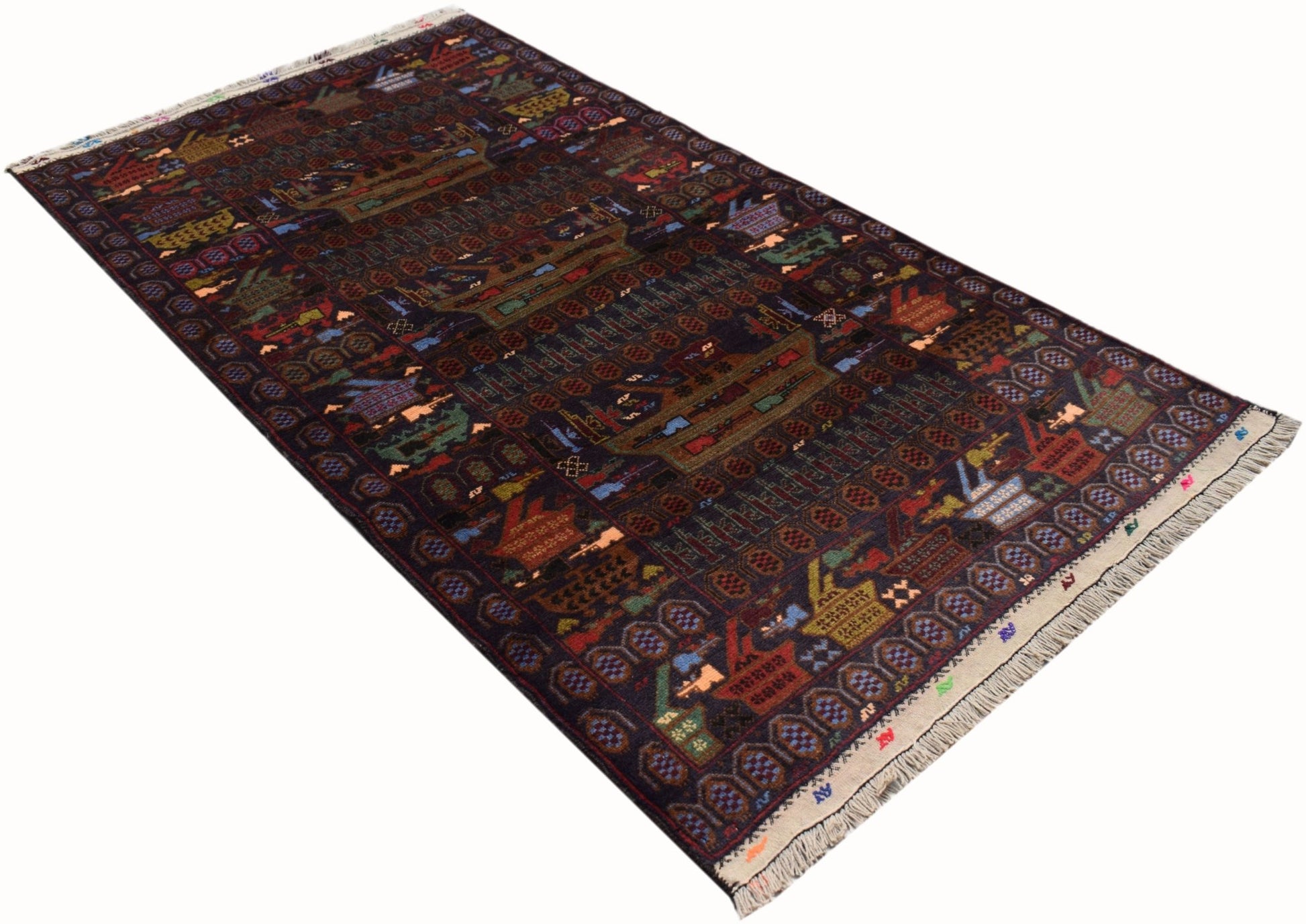 Handmade Afghan Pashm wool rug featuring intricate war-themed motifs on a dark background.