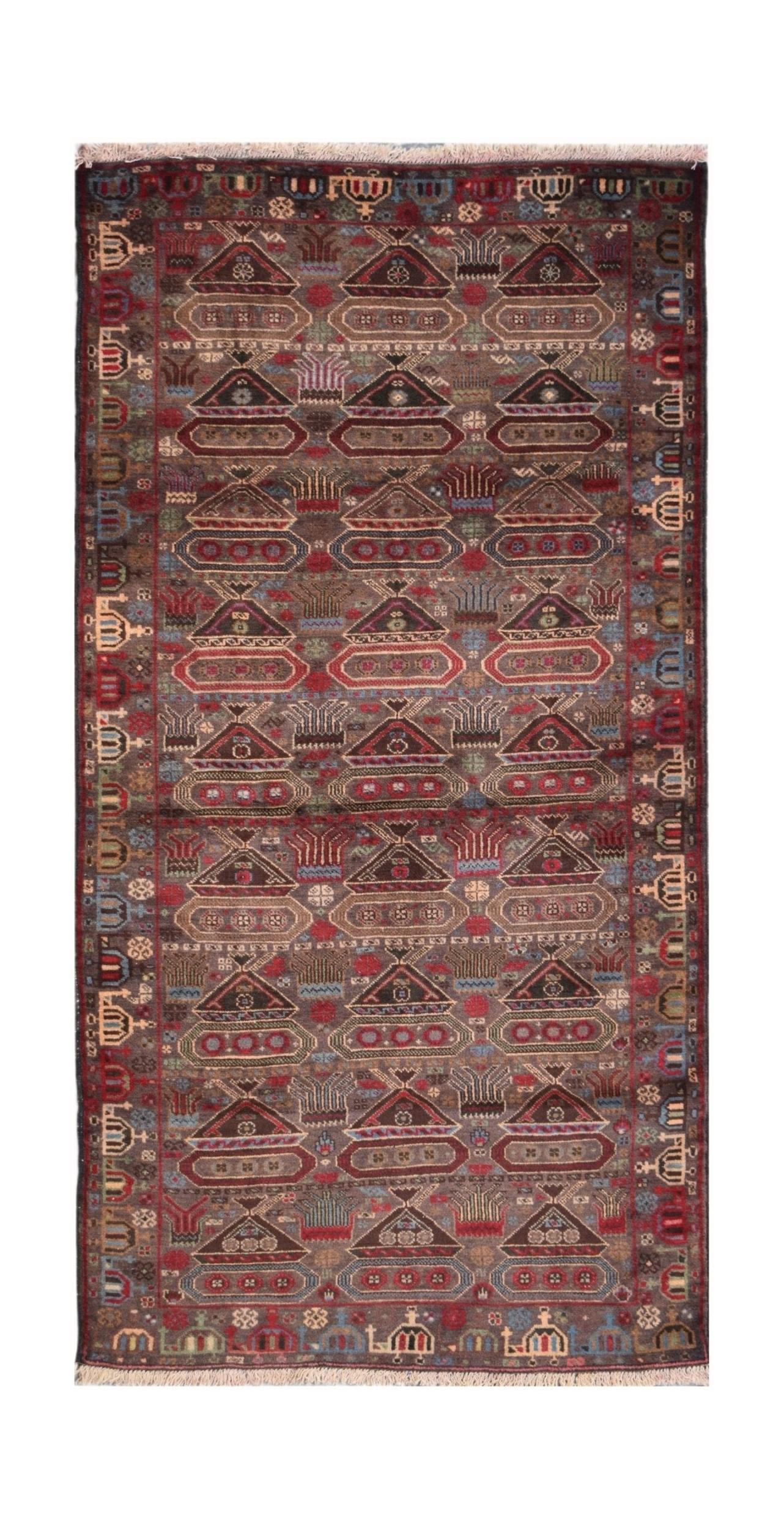 Handmade Afghan Pashm wool rug featuring a repeating geometric pattern of stylized tanks.