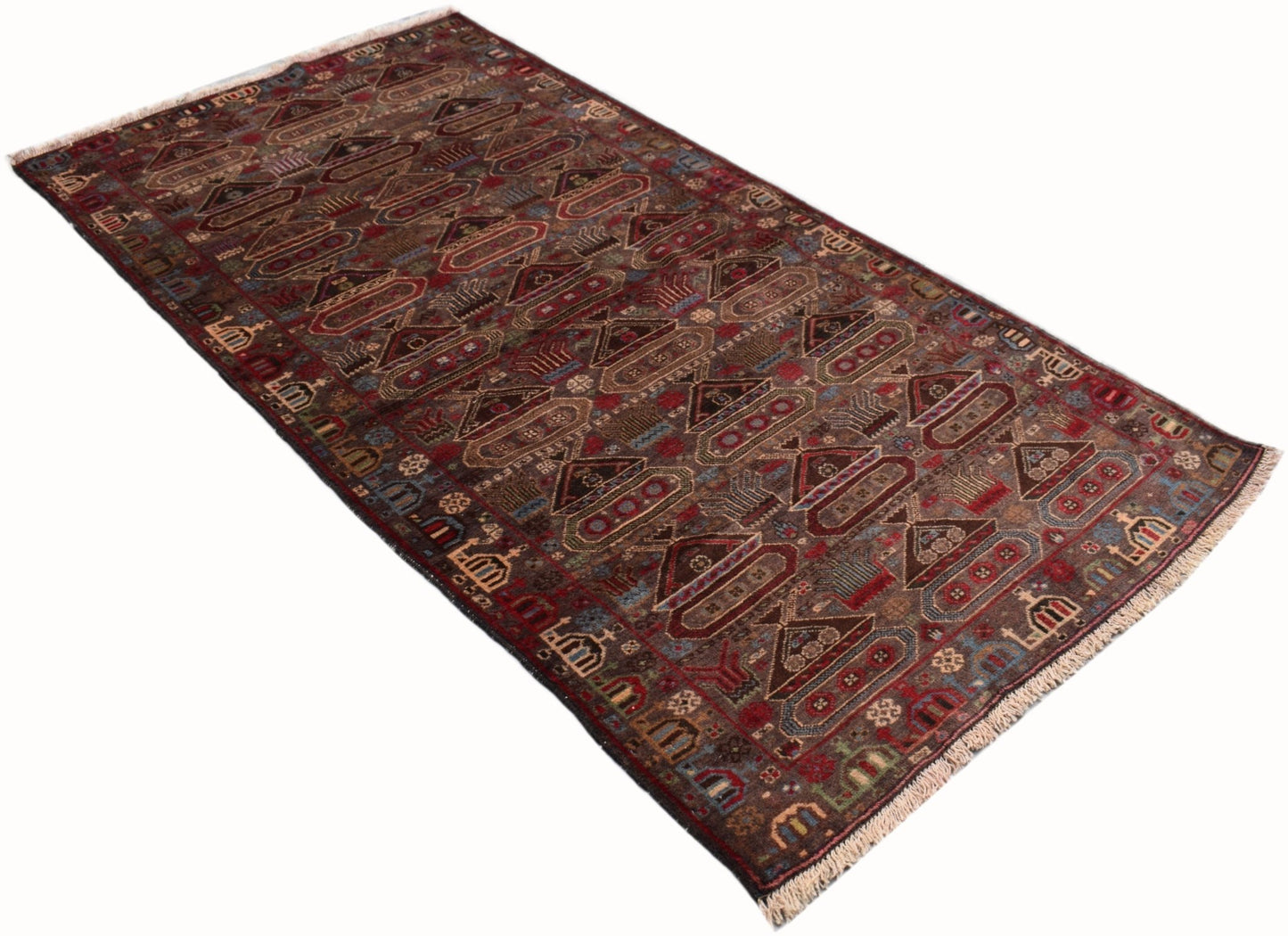 Handmade Afghan Pashm rug featuring a dark red field with intricate geometric and military motifs.