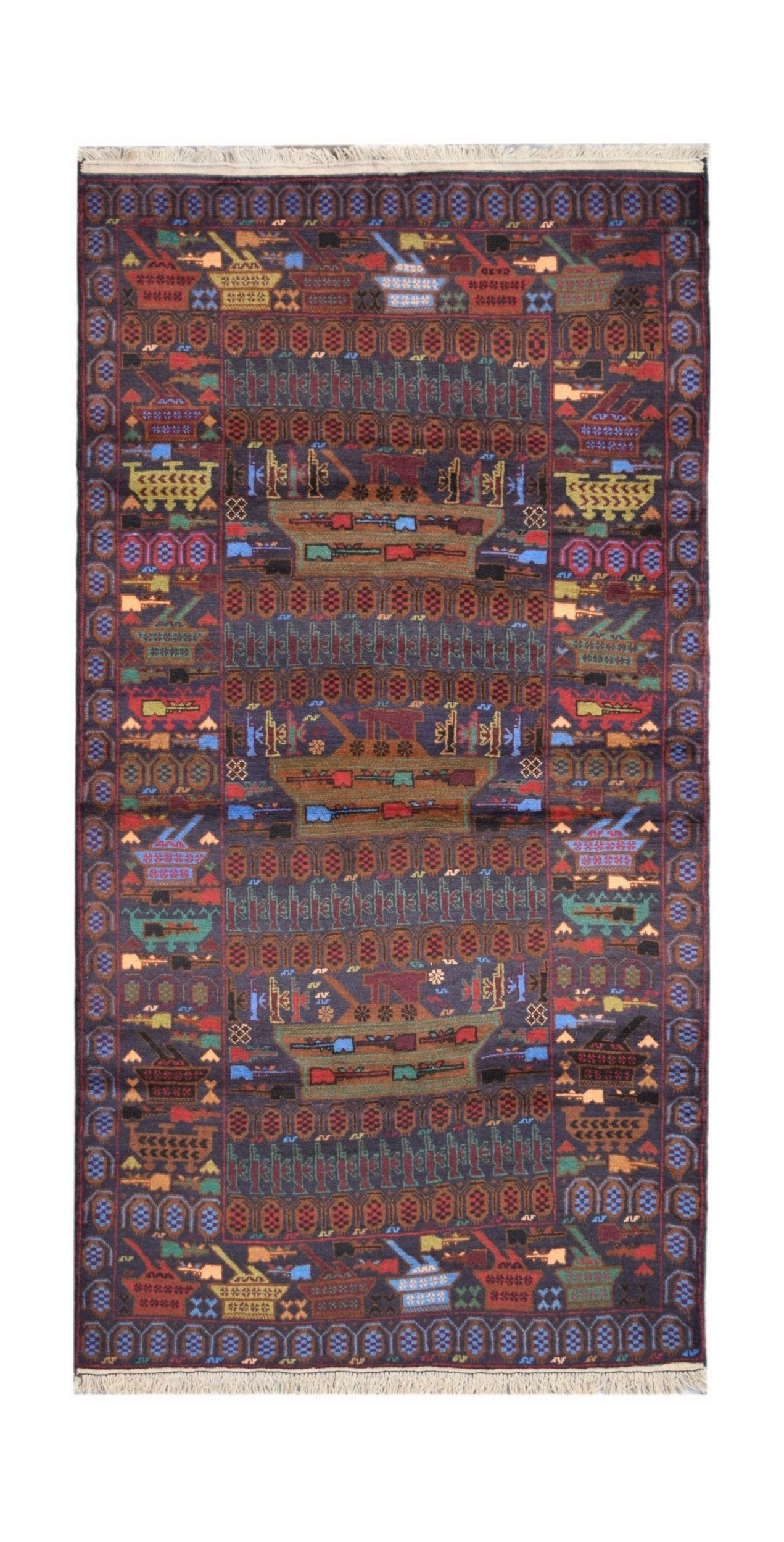 Handmade Afghan wool rug featuring a dark field with repeating military tank and weapon motifs.