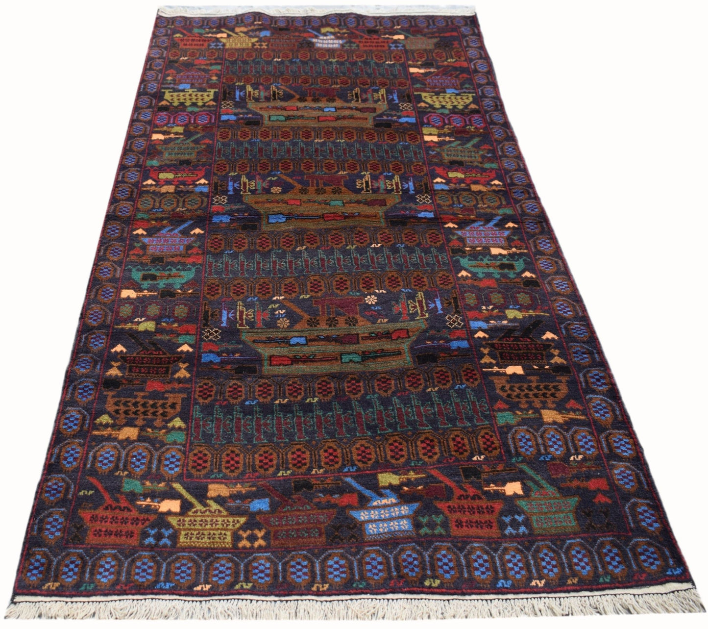Handmade Afghan wool rug featuring a dark background with woven military tank motifs.