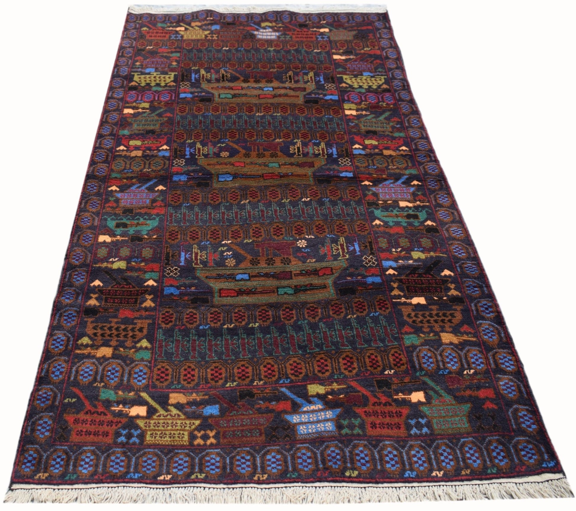Handmade Afghan wool rug featuring a dark background with woven military tank motifs.
