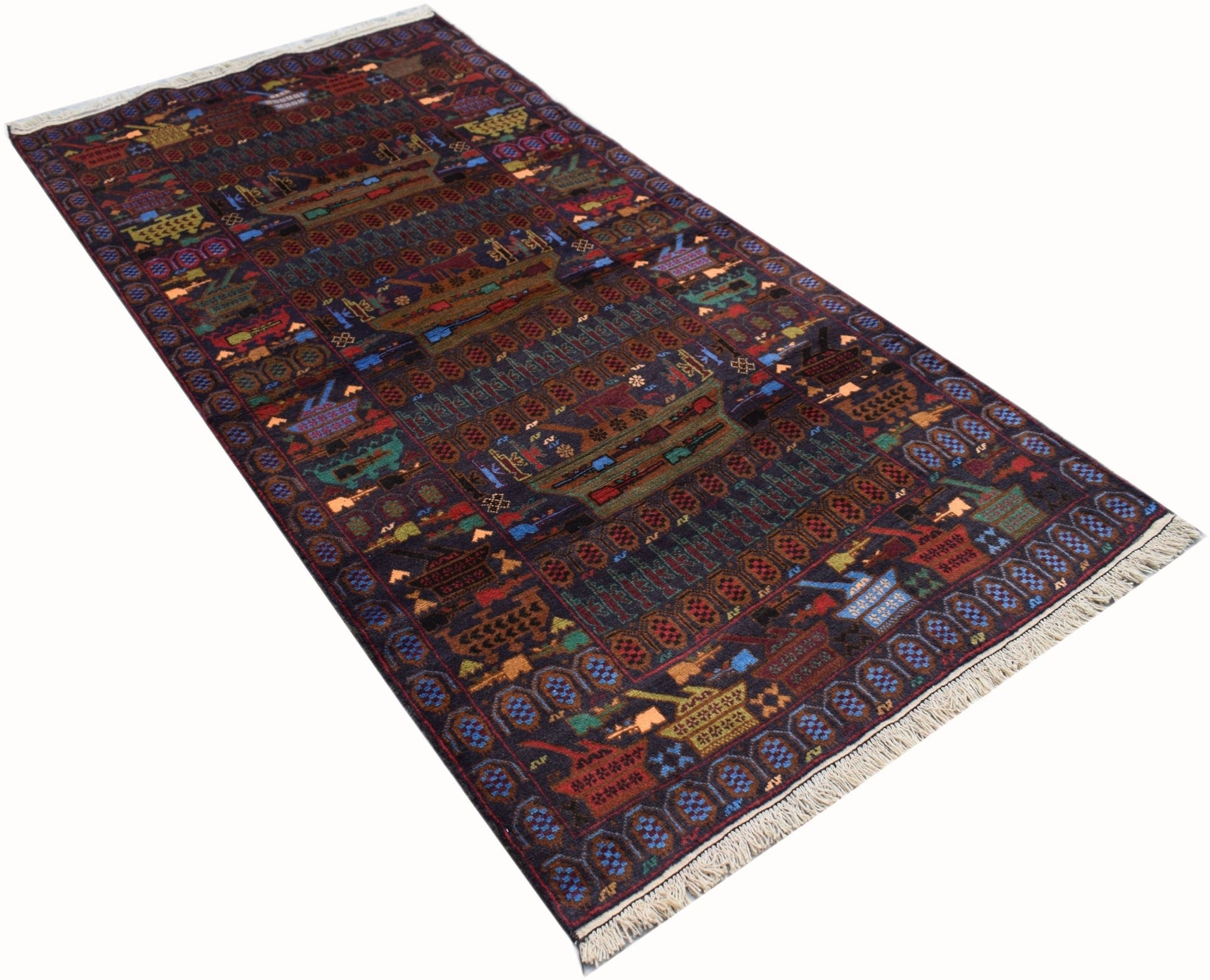 Handmade Afghan Pashm wool rug featuring a dark field with intricate war-themed motifs.