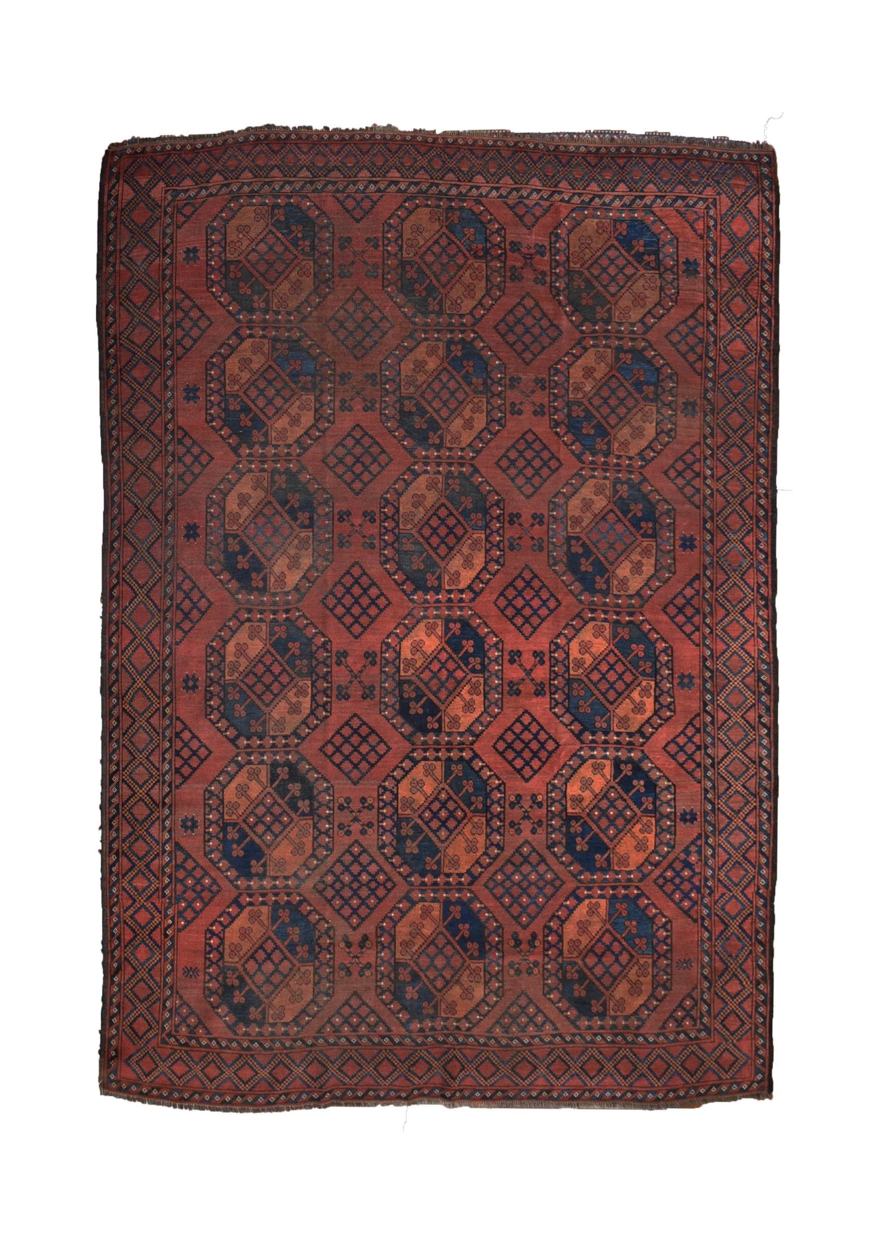 Handmade antique Afghan Turkmen rug featuring a repeating red and blue elephant foot motif.