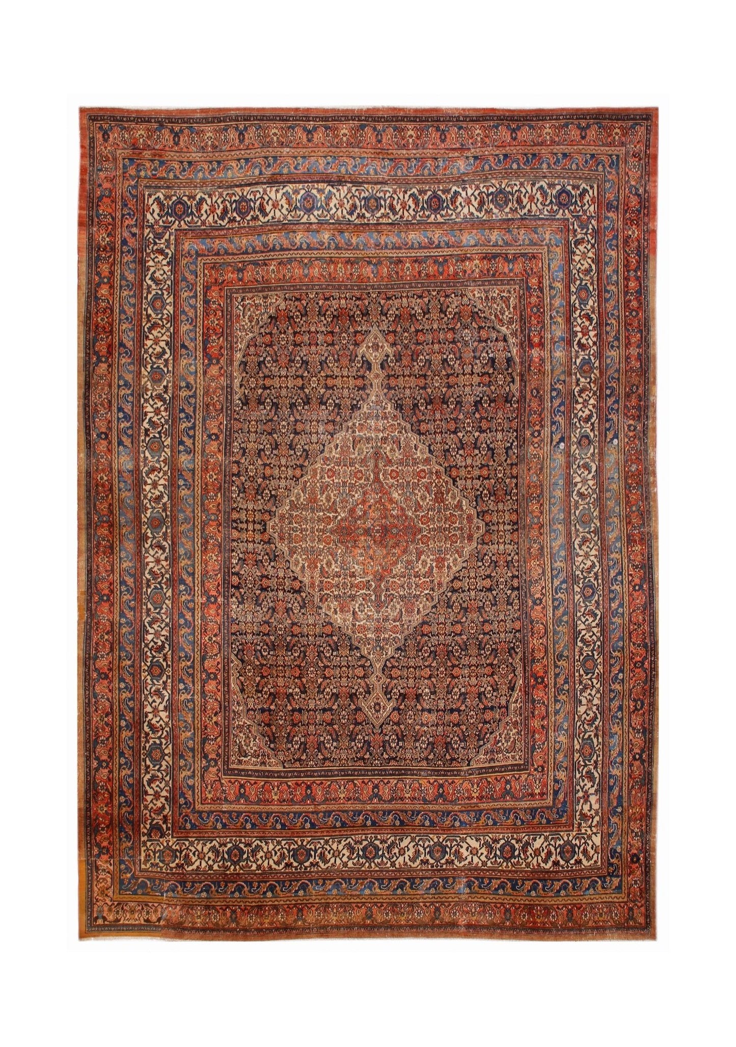 An antique Persian Senneh rug featuring a central cream medallion on a dark floral field.