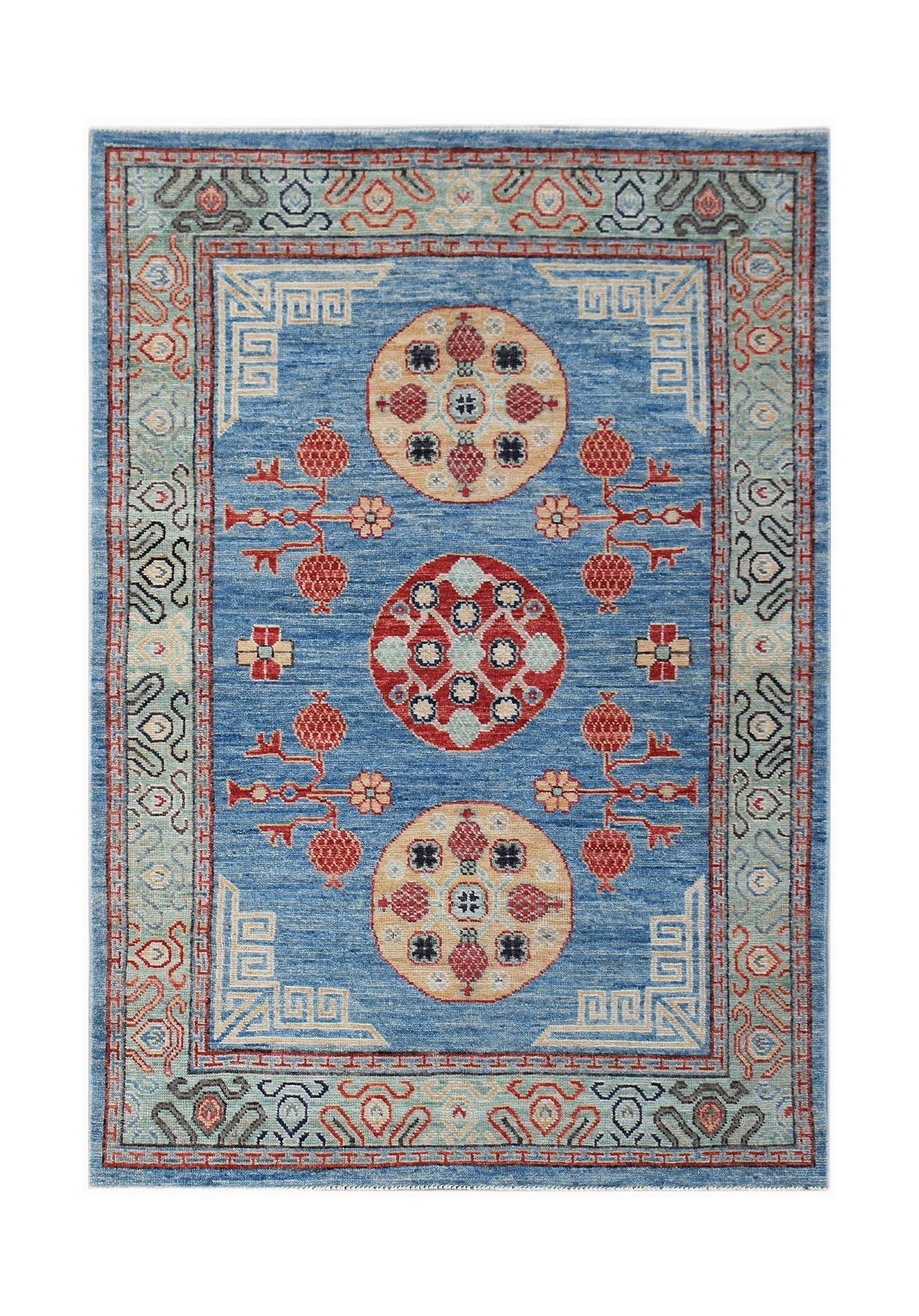 A rectangular Afghan Chobi rug featuring a blue field with circular medallions and pomegranate motifs.