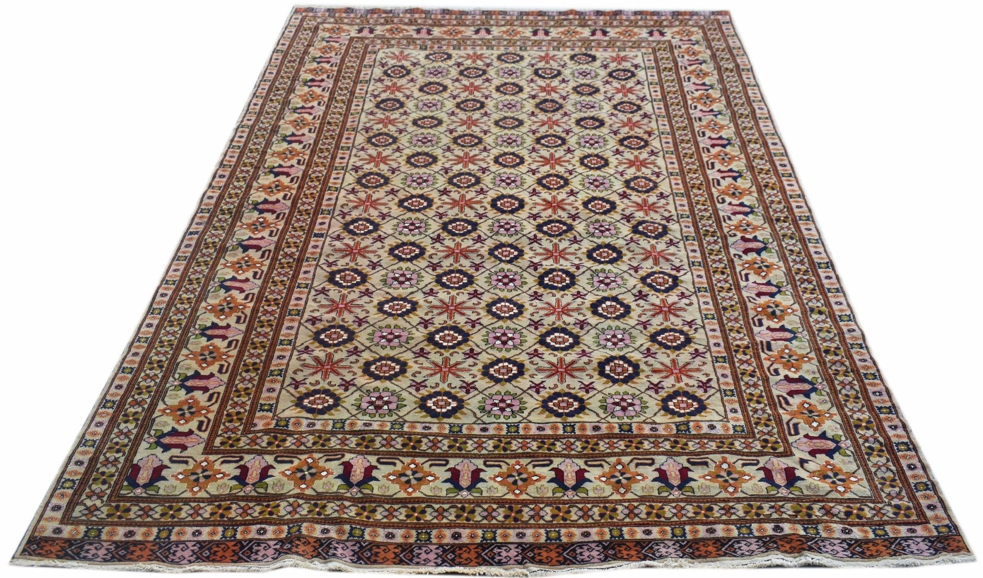 A hand-knotted Afghan Bashiri rug featuring a geometric pattern in silk and wool.