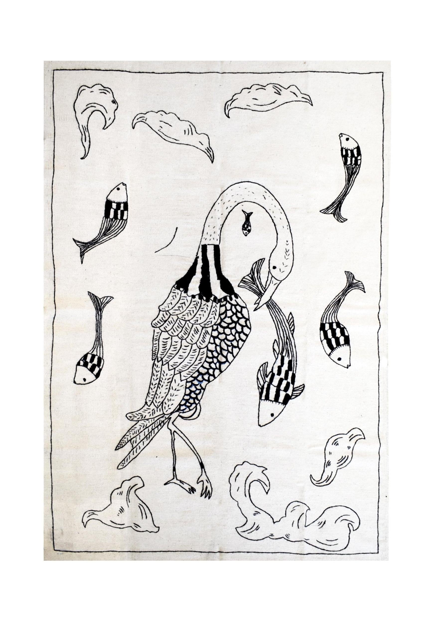 A handmade wool kilim featuring black embroidered illustrations of a large bird and several fish.