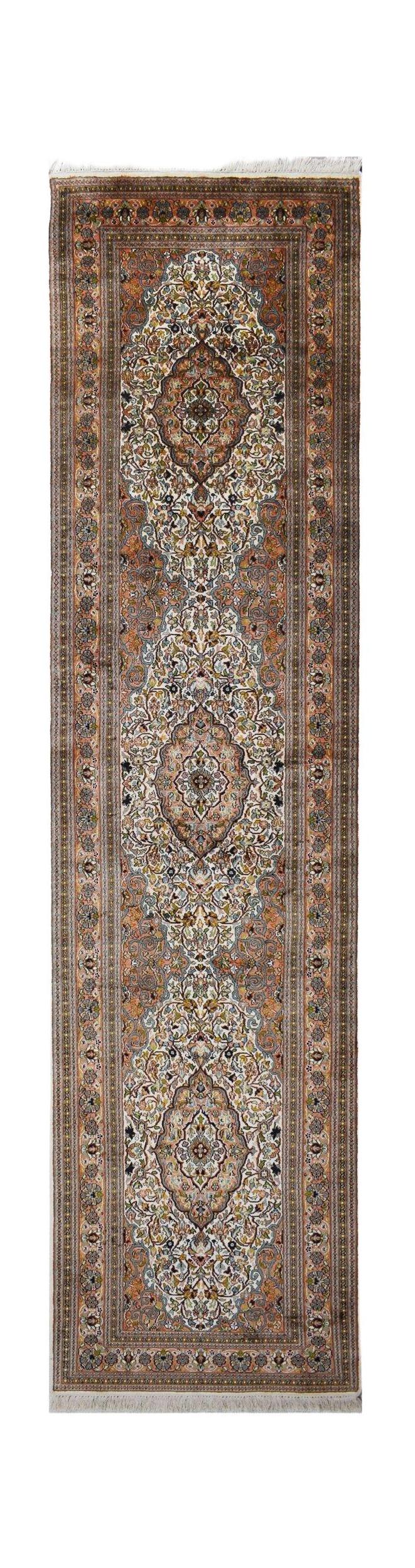 A handmade Kashmiri silk runner rug featuring intricate floral Persian-style patterns.