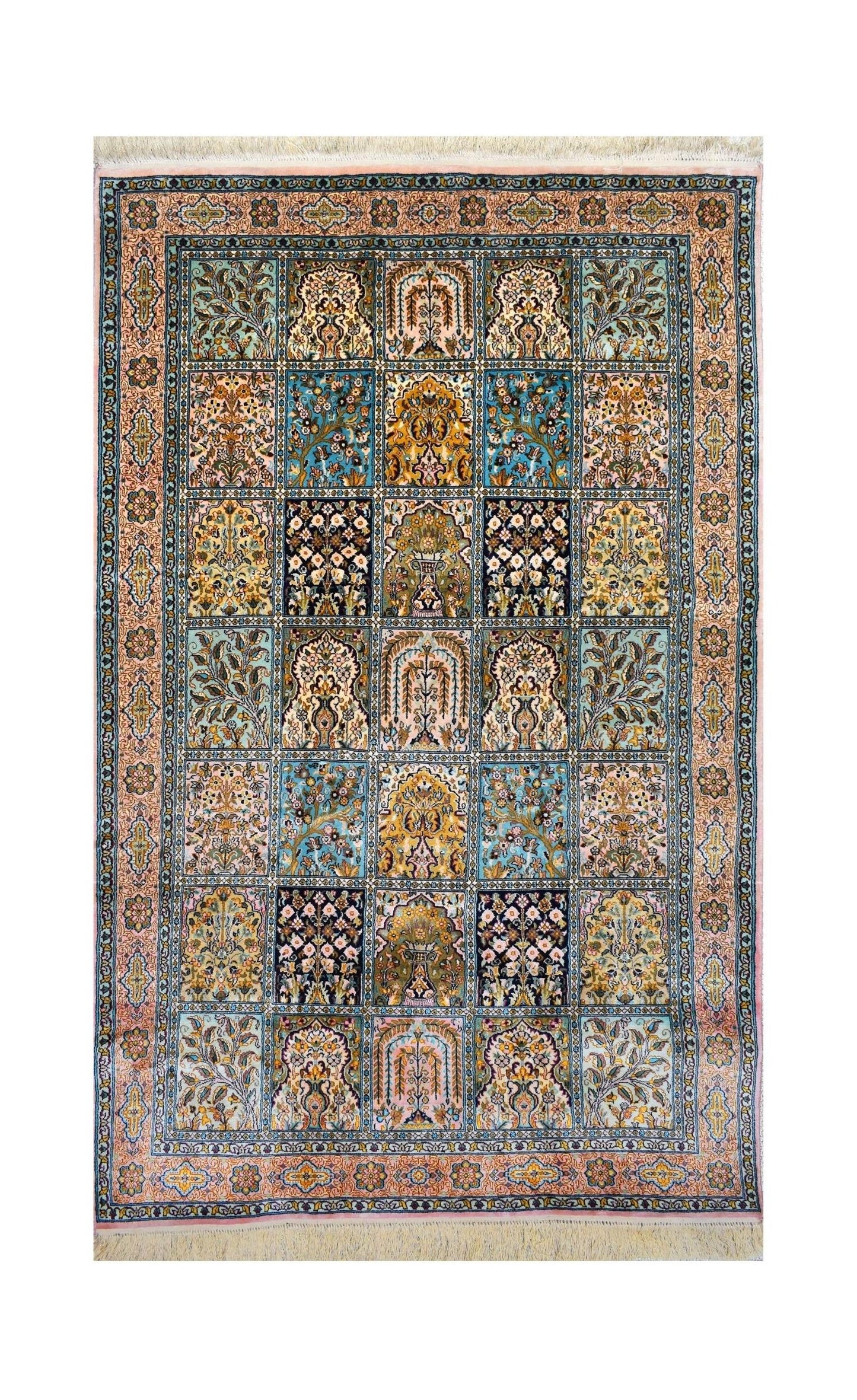 A rectangular handmade Kashmiri silk rug featuring a grid of intricate floral and vase motifs.