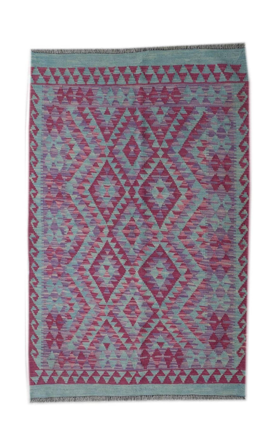 Handmade Afghan Maimana kilim rug featuring a geometric diamond pattern in teal and magenta.
