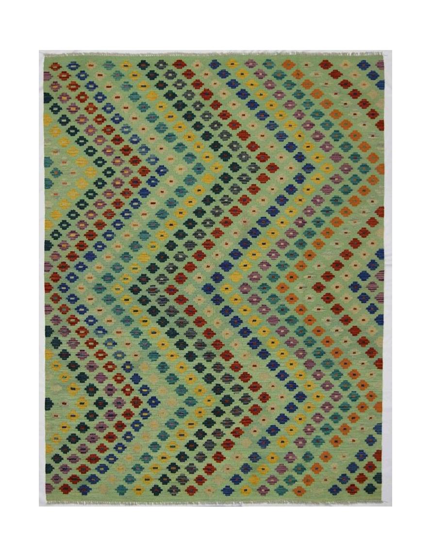 Handmade Afghan Maimana kilim rug featuring a green background with colorful geometric patterns.