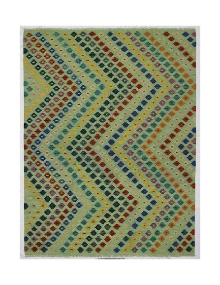 Handmade Afghan Maimana kilim rug featuring a light green background with colorful geometric patterns.