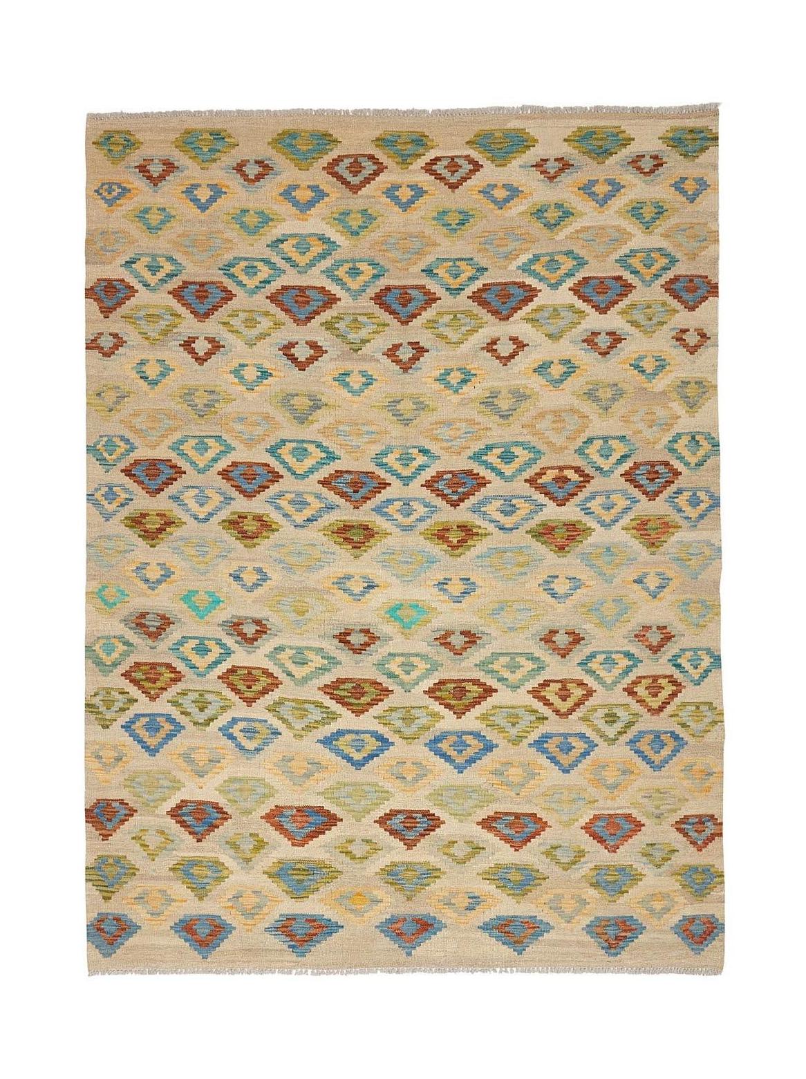 Handmade Afghan Maimana kilim rug featuring a repeating geometric diamond pattern in earthy tones.
