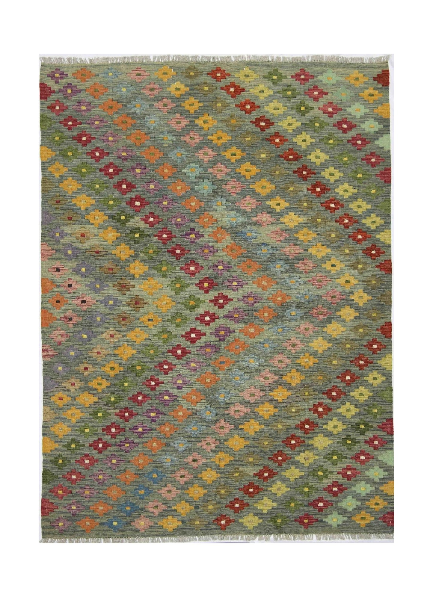 Handmade Afghan Maimana kilim rug featuring a multi-colored geometric floral pattern on green.