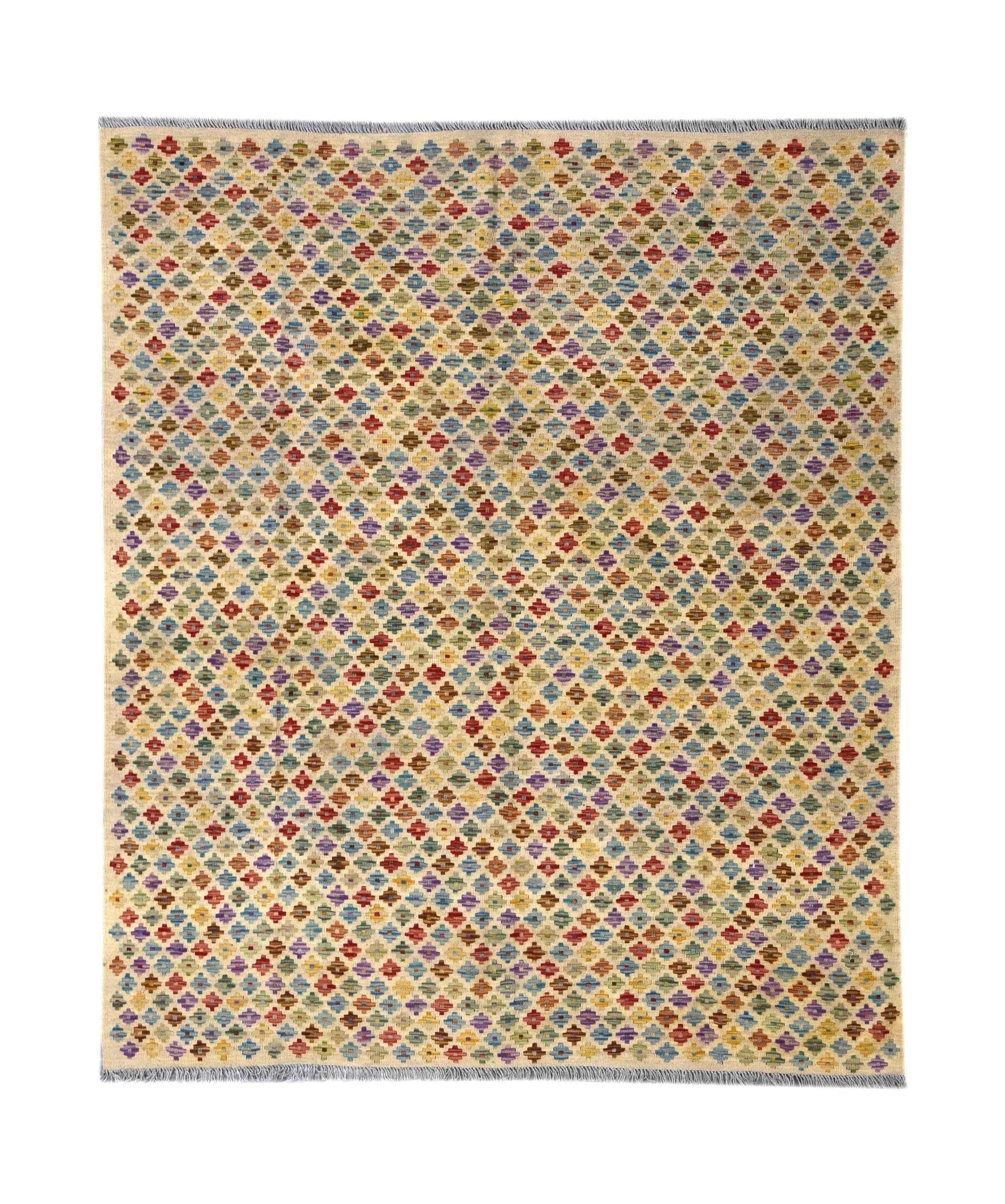 Handmade Afghan Maimana kilim rug featuring a colorful geometric pattern on a beige background.