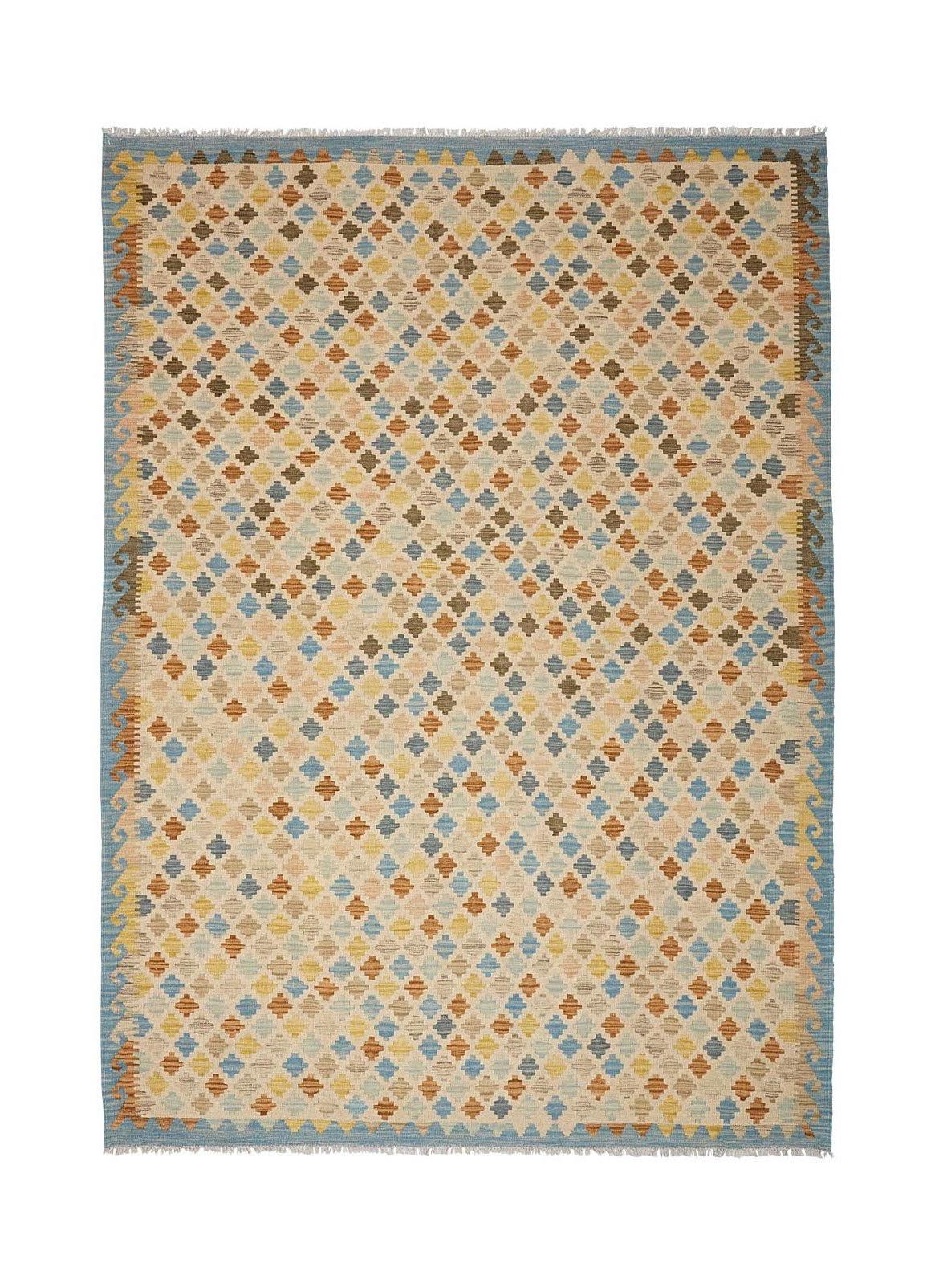 Handmade Afghan Maimana kilim rug featuring a geometric pattern in soft blue, yellow, and tan tones.