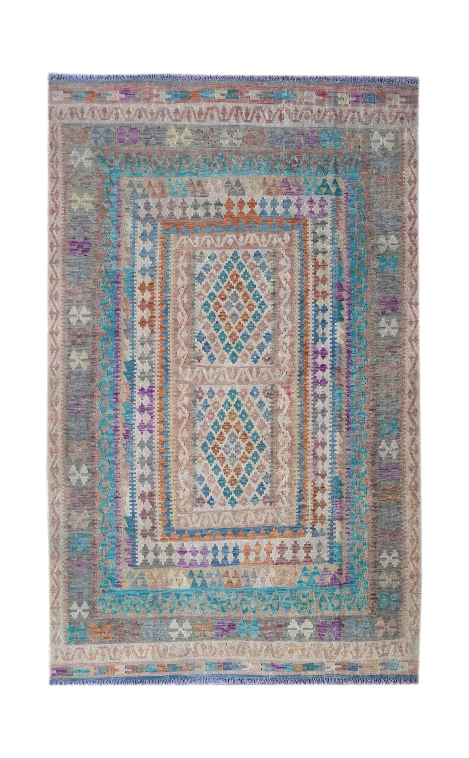 Handmade Afghan Maimana kilim rug featuring a colorful geometric pattern on a wool base.