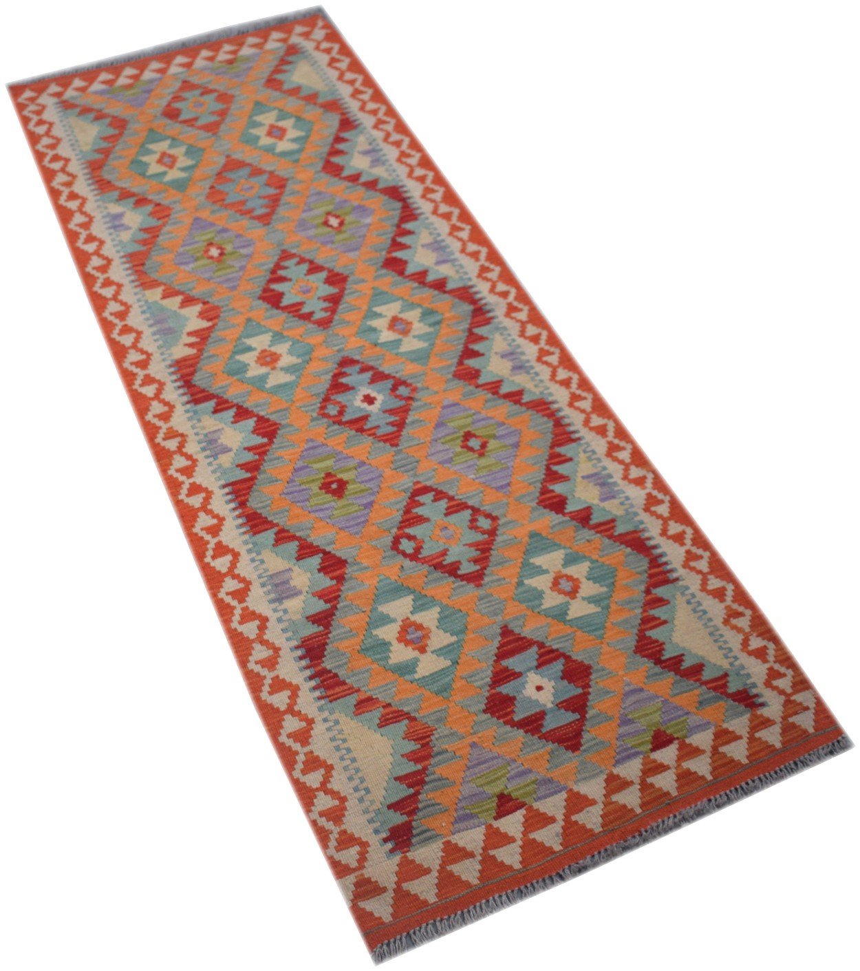 Handmade Afghan Maimana wool runner rug featuring a colorful geometric diamond pattern.