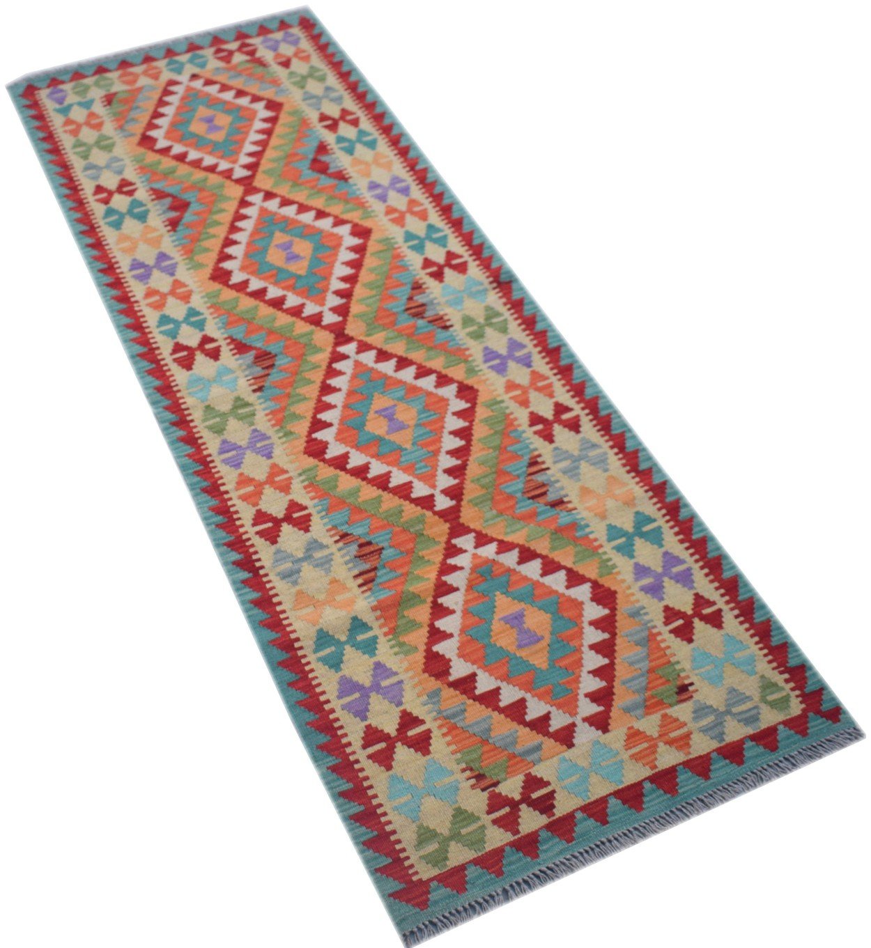 Handmade Afghan Maimana wool runner rug featuring a colorful geometric diamond pattern.