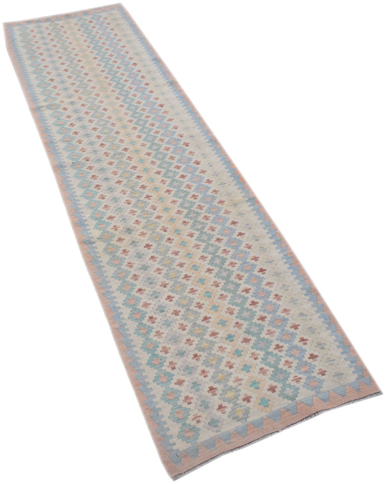 An Afghan Maimana kilim runner featuring a repeating geometric pattern in soft pastel colors.