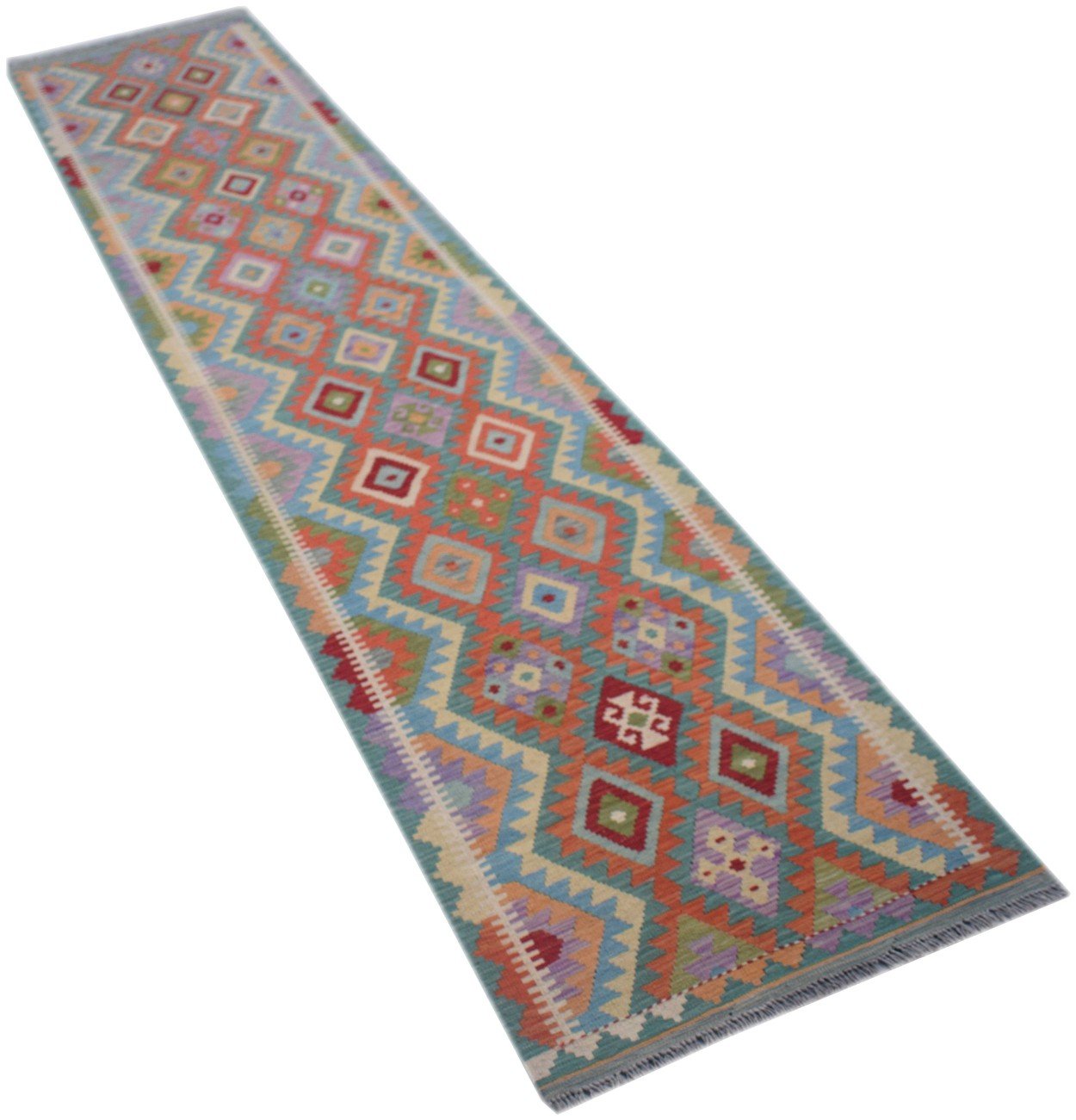 Handmade Afghan Maimana wool runner rug featuring a colorful geometric diamond pattern.