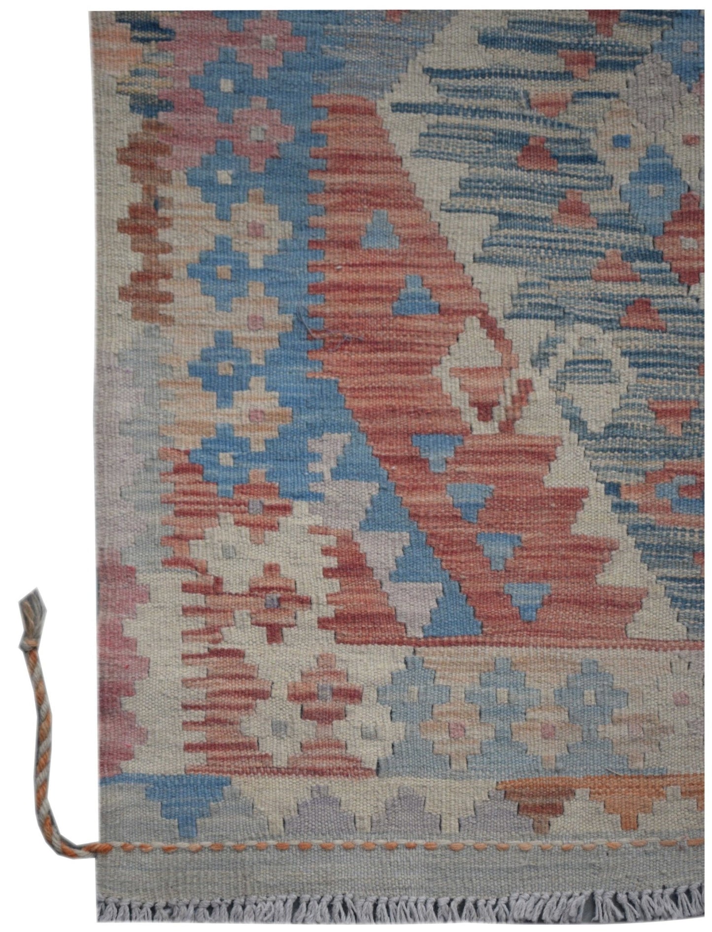 A handmade Afghan Maimana kilim runner featuring geometric patterns in blue, red, and cream tones.