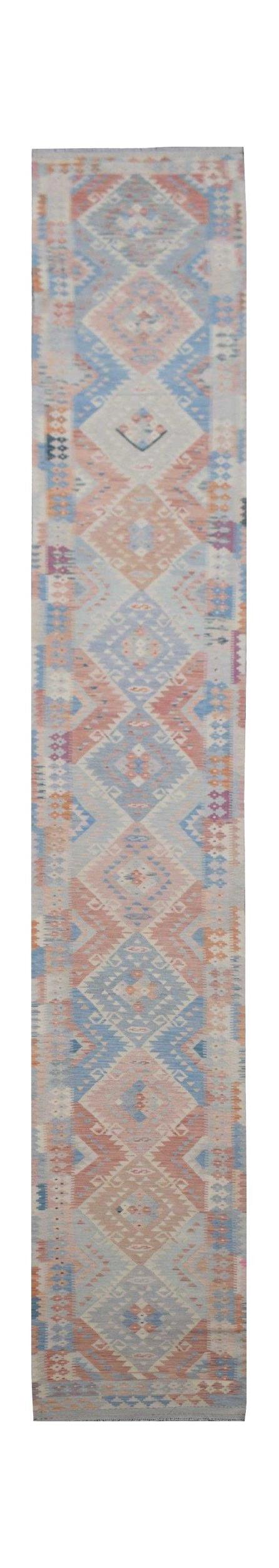 Handmade Afghan Maimana wool runner rug featuring a repeating geometric diamond pattern.