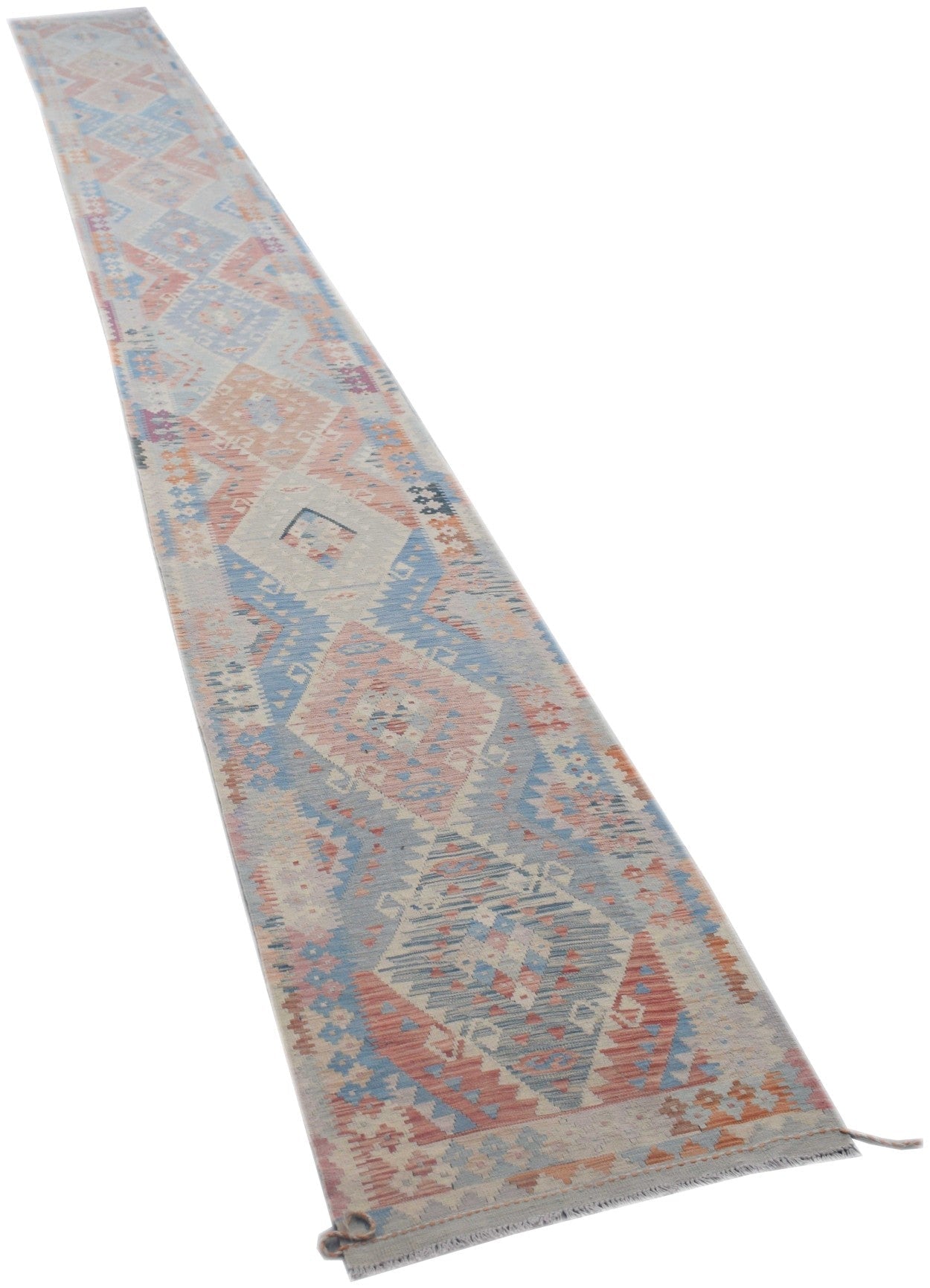 A handmade Afghan Maimana Kilim runner featuring a geometric pattern in blue, pink, and cream.