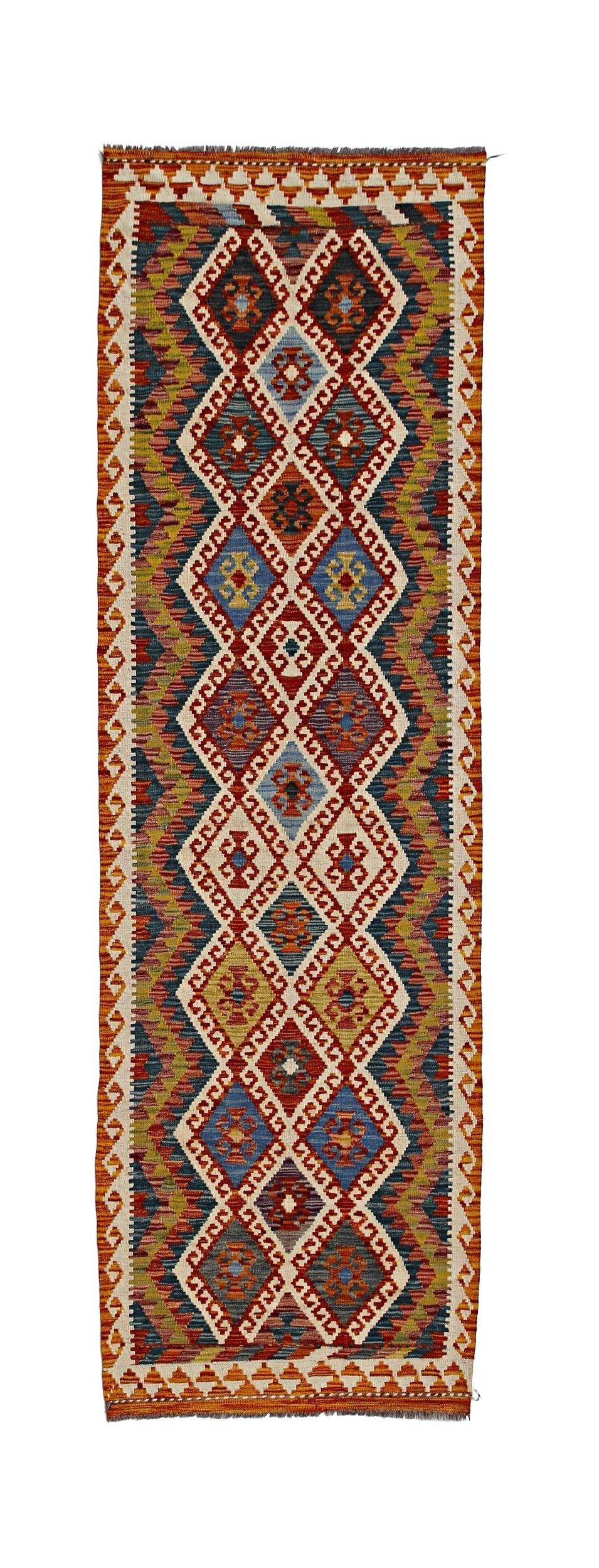 Handwoven Afghan Maimana wool runner featuring a colorful geometric diamond pattern.