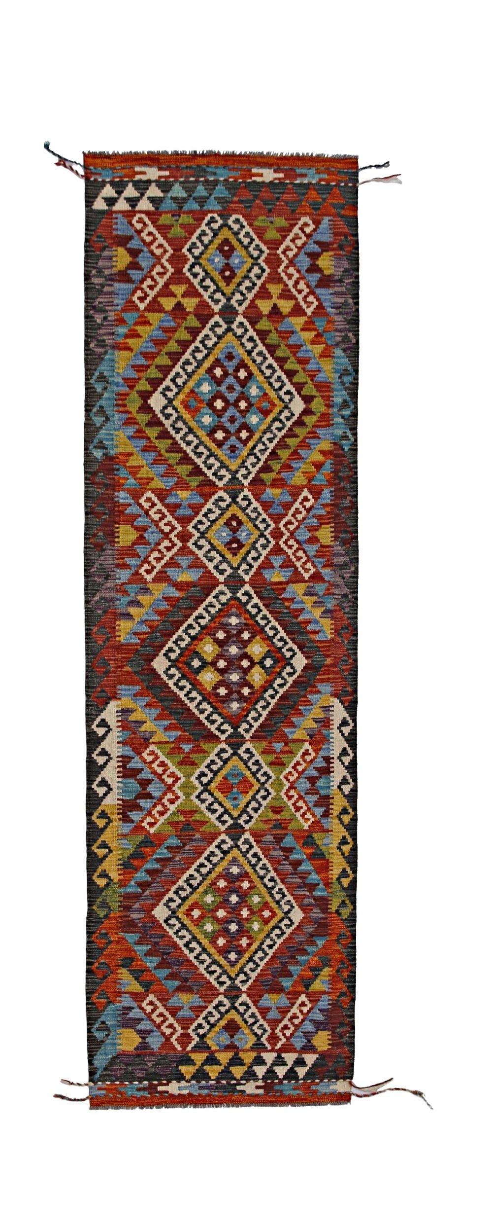 Handwoven Afghan Maimana wool runner rug featuring a vibrant geometric diamond pattern.