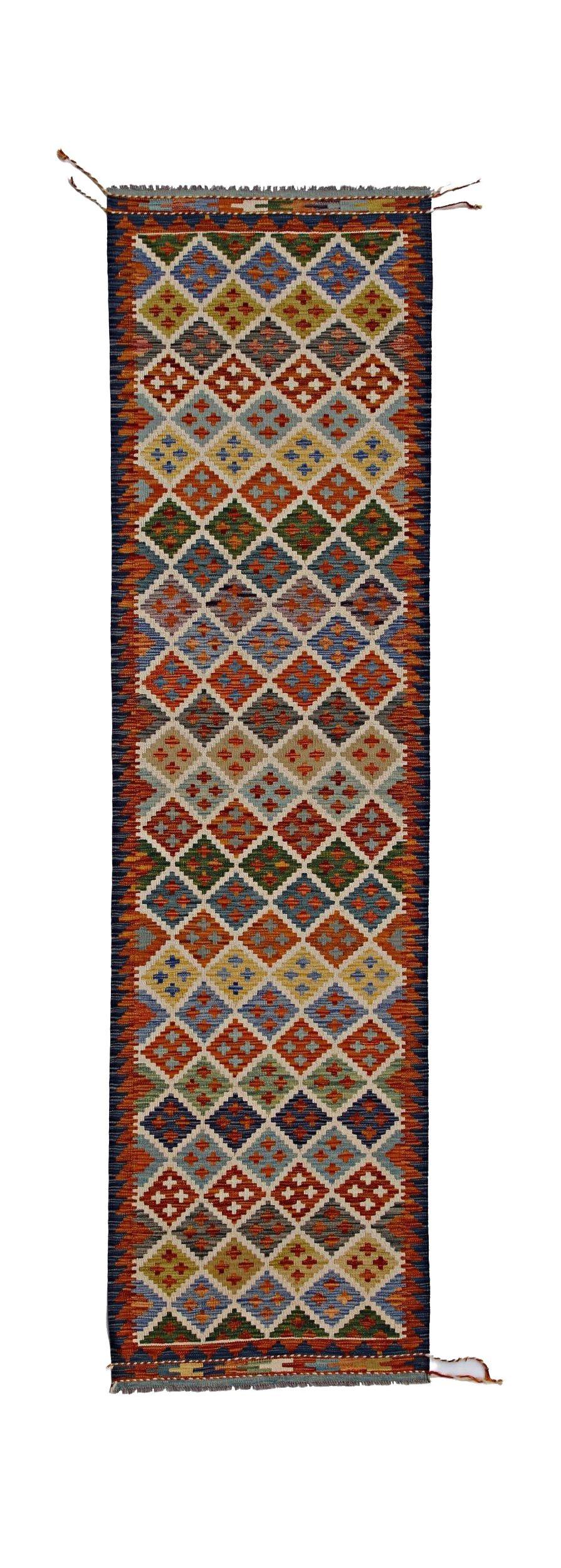 Handwoven Afghan Maimana wool runner featuring a colorful geometric diamond pattern.