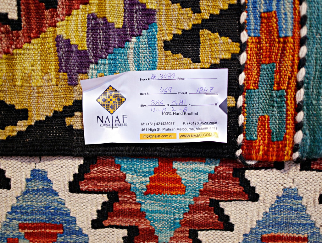 Handmade Maimana Killim Hallway Runner | 386 x 81 cm | 12'8" x 2'8" - Najaf Rugs & Textile