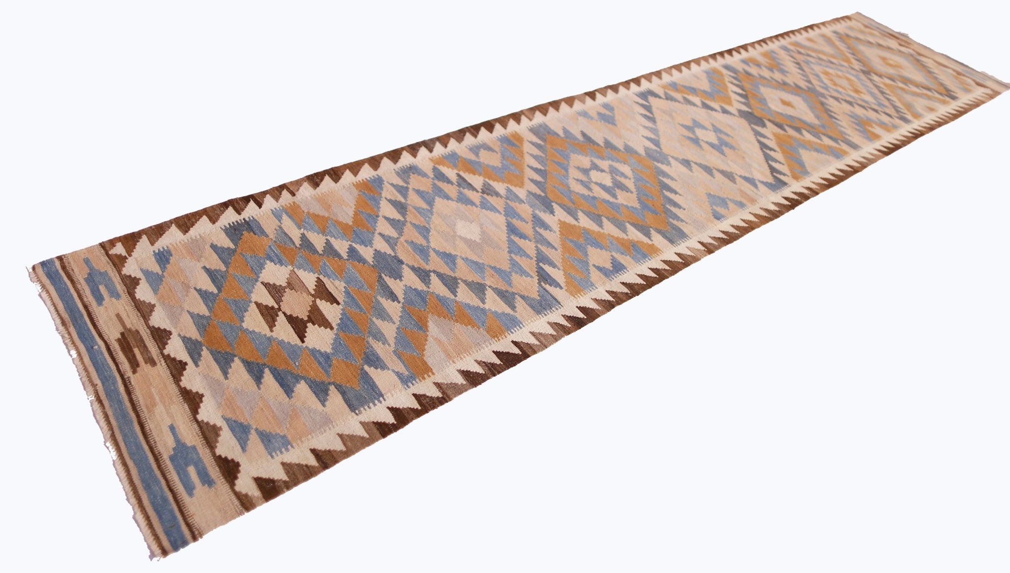 Handwoven Afghan Maimana wool runner featuring a geometric diamond pattern in blue and tan.