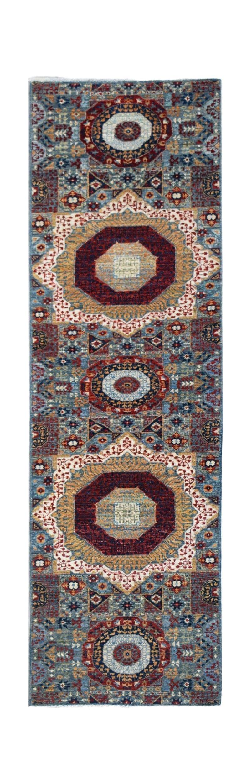 A handmade Afghan Chobi runner rug featuring a traditional Mamluk medallion pattern in blue and red.
